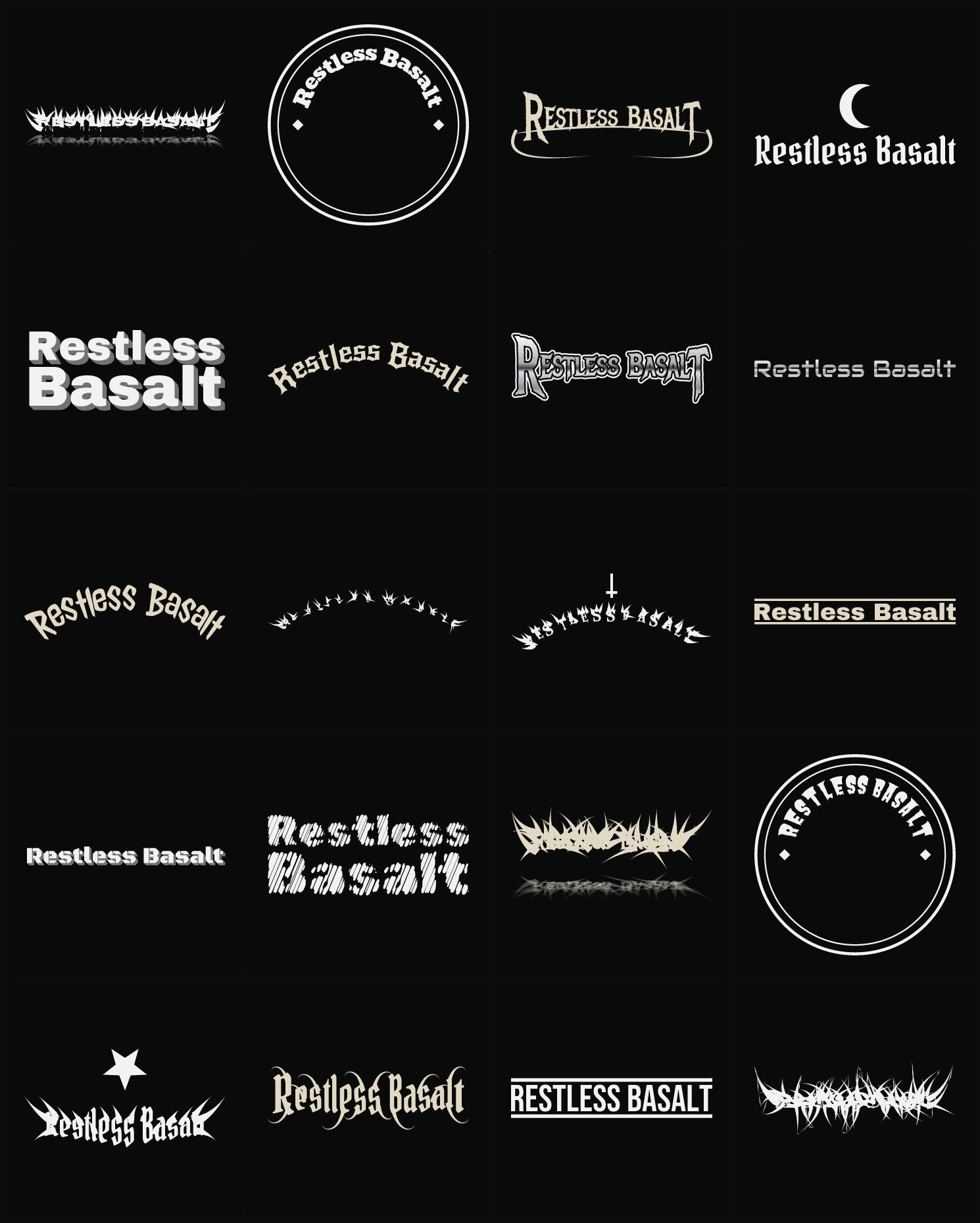 Twenty Restless Basalt band logo ideas — different faces, treatments and spike settings
