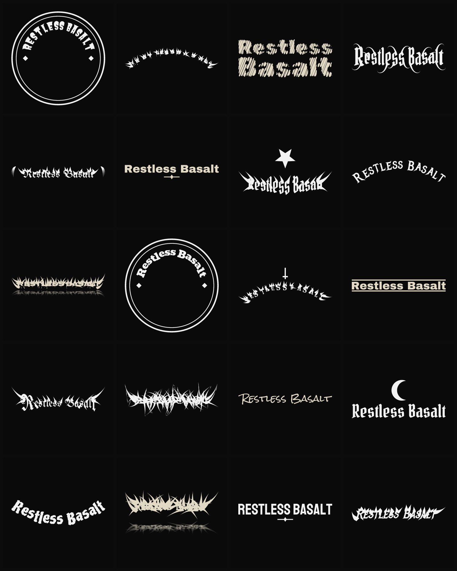 Twenty Restless Basalt band logo ideas — different faces, treatments and spike settings