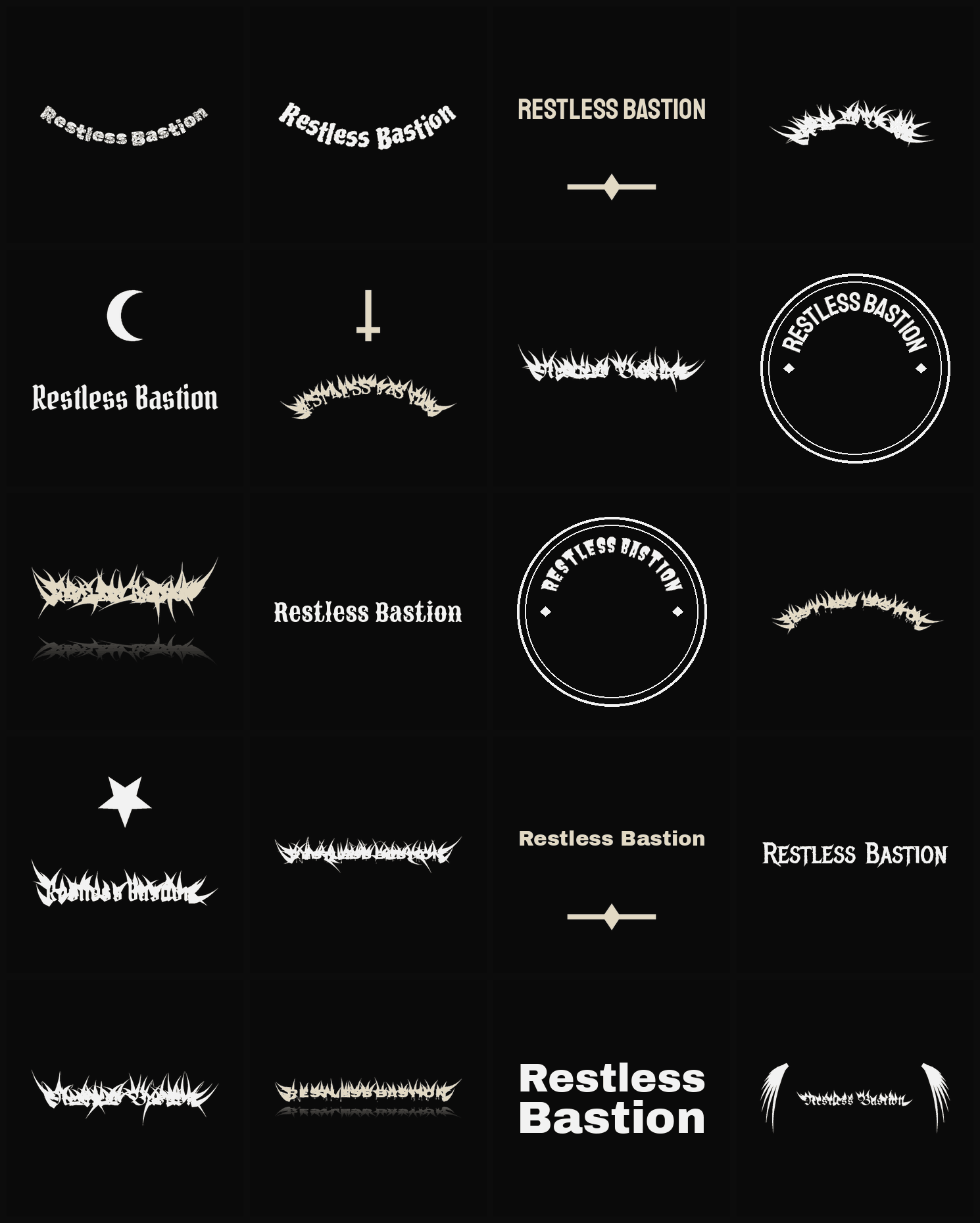 Twenty Restless Bastion band logo ideas — different faces, treatments and spike settings