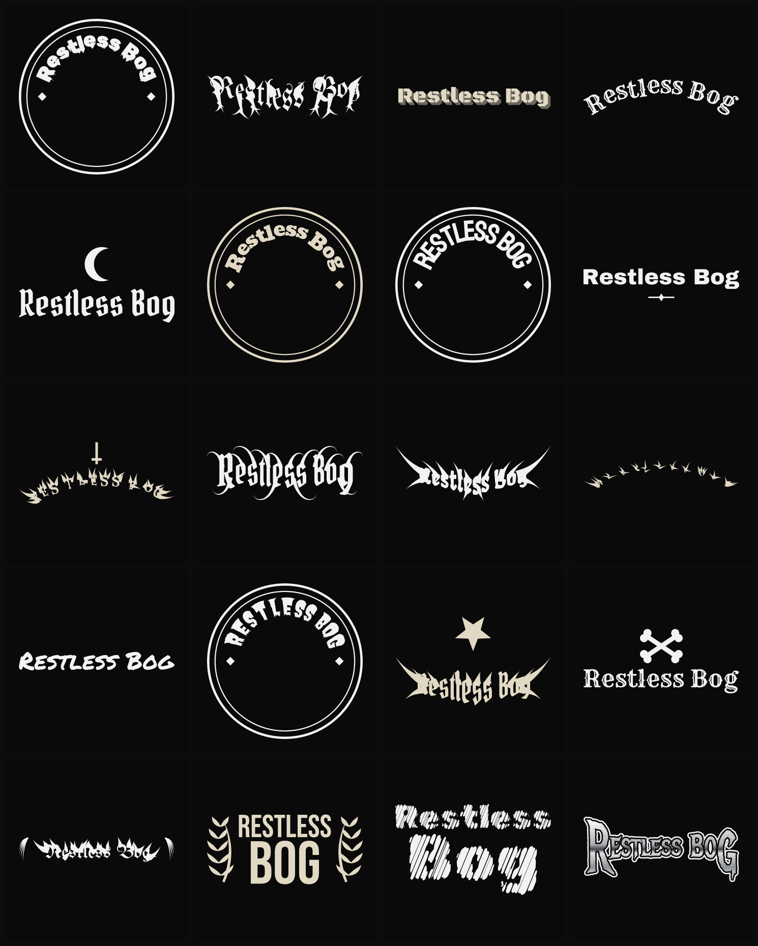 Twenty Restless Bog band logo ideas — different faces, treatments and spike settings