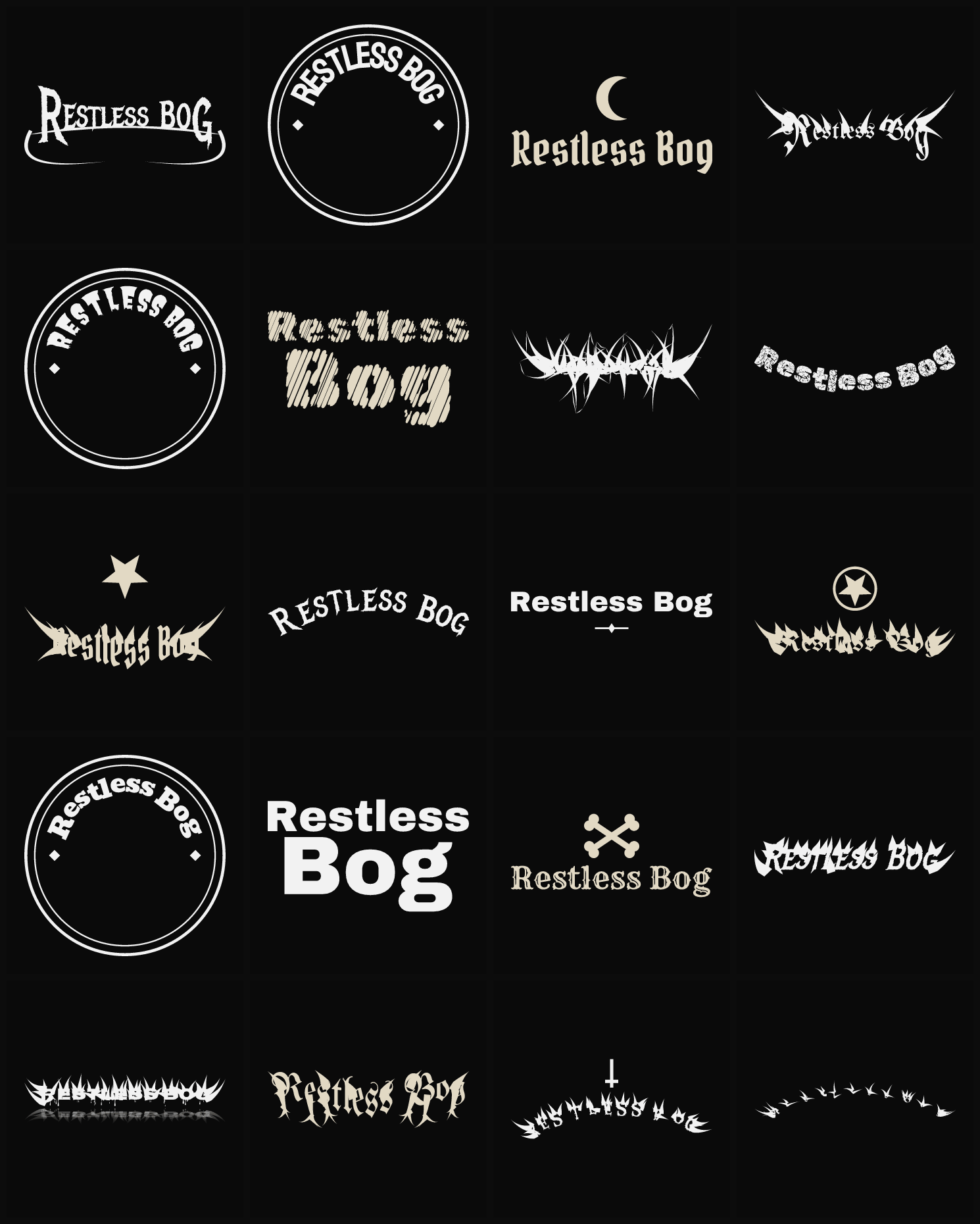 Twenty Restless Bog band logo ideas — different faces, treatments and spike settings