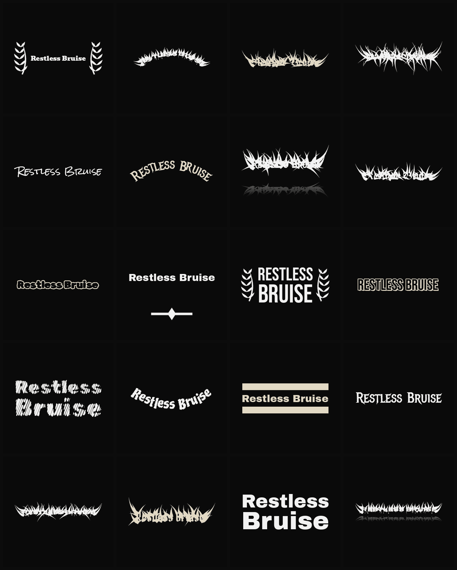 Twenty Restless Bruise band logo ideas — different faces, treatments and spike settings