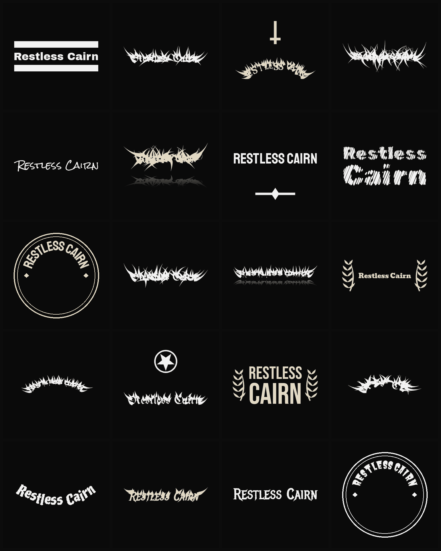 Twenty Restless Cairn band logo ideas — different faces, treatments and spike settings
