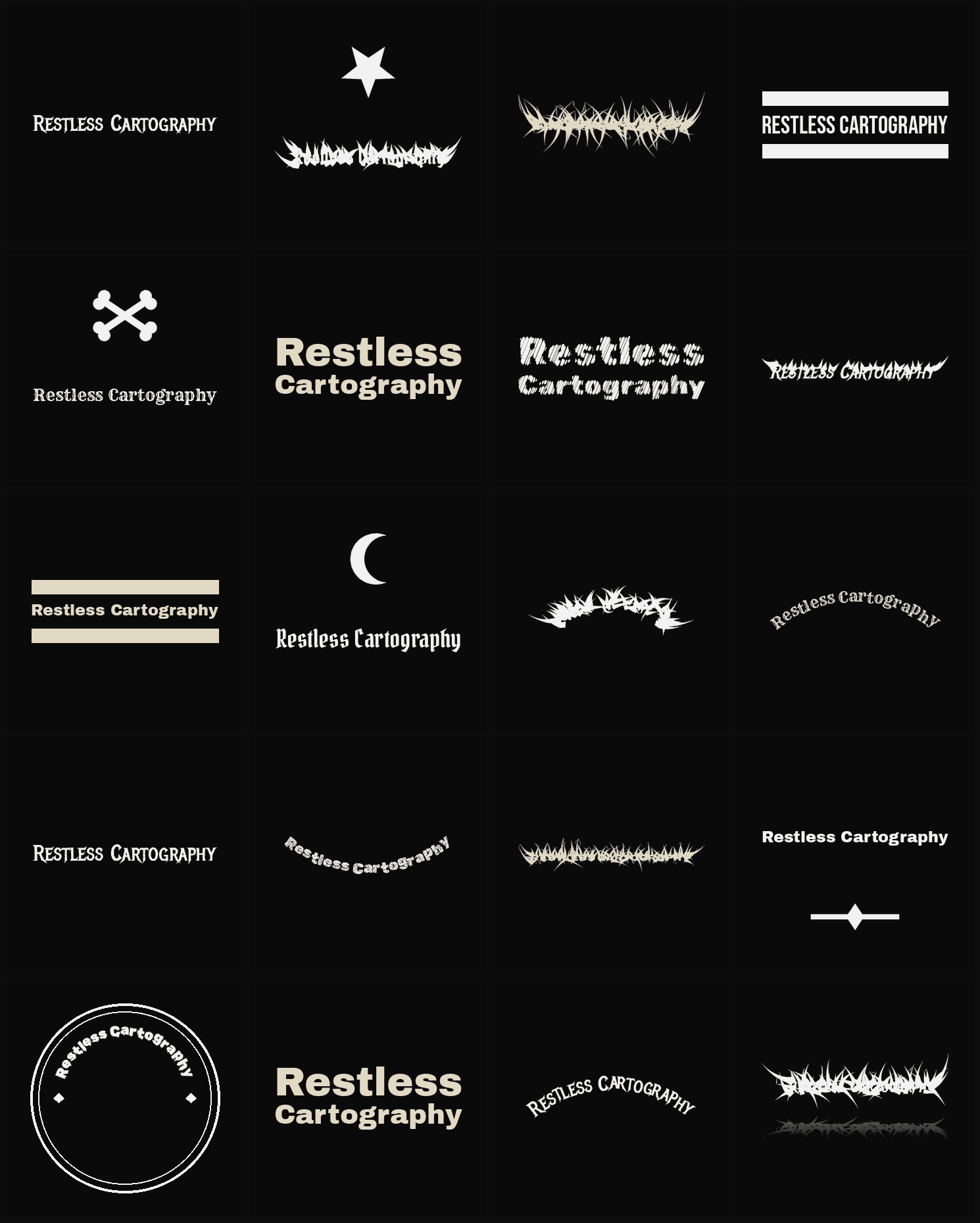 Twenty Restless Cartography band logo ideas — different faces, treatments and spike settings