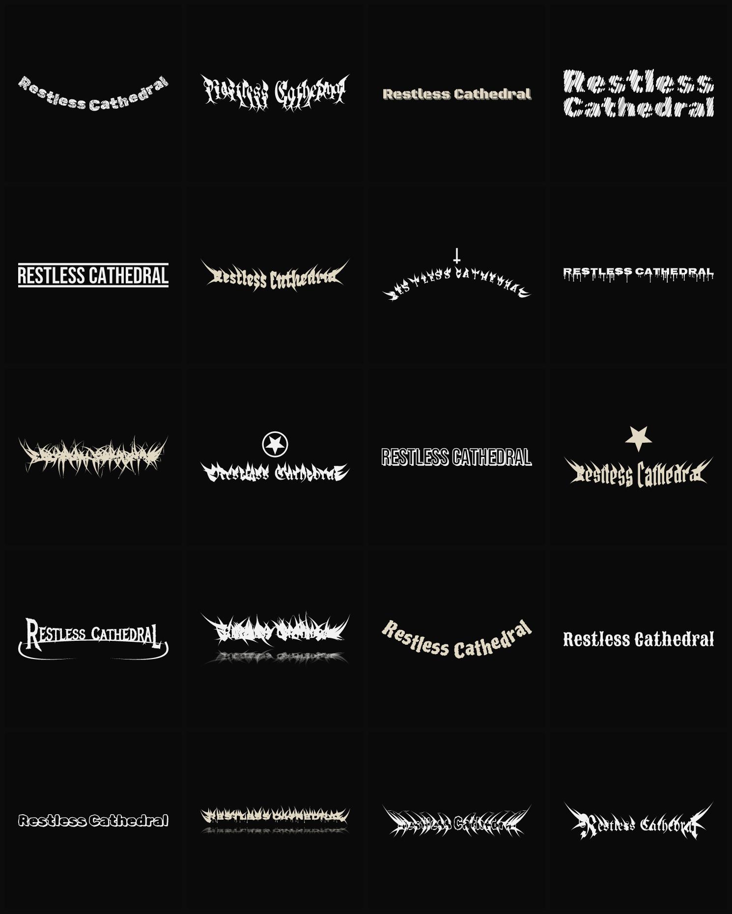 Twenty Restless Cathedral band logo ideas — different faces, treatments and spike settings