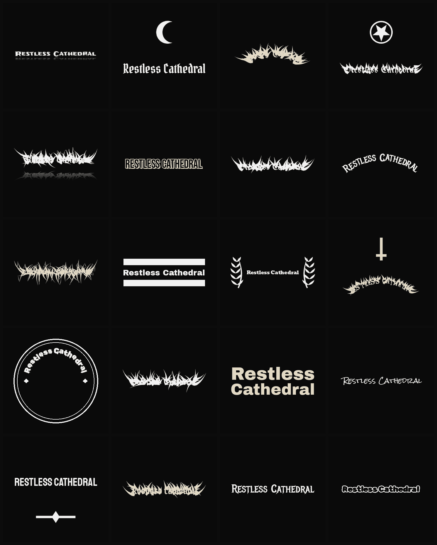 Twenty Restless Cathedral band logo ideas — different faces, treatments and spike settings