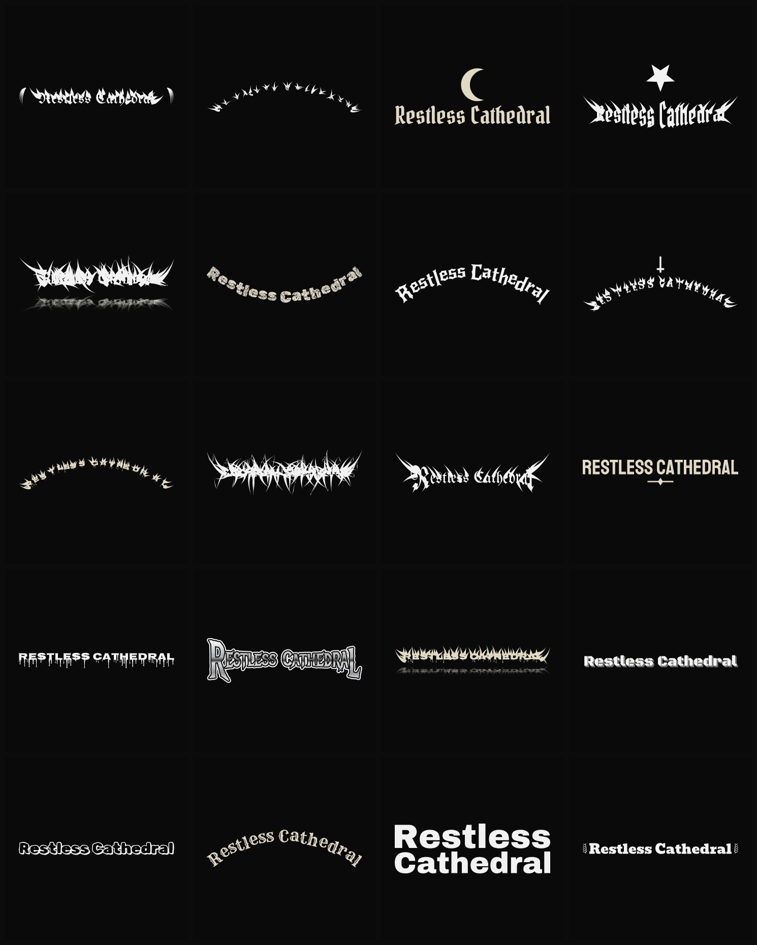 Twenty Restless Cathedral band logo ideas — different faces, treatments and spike settings