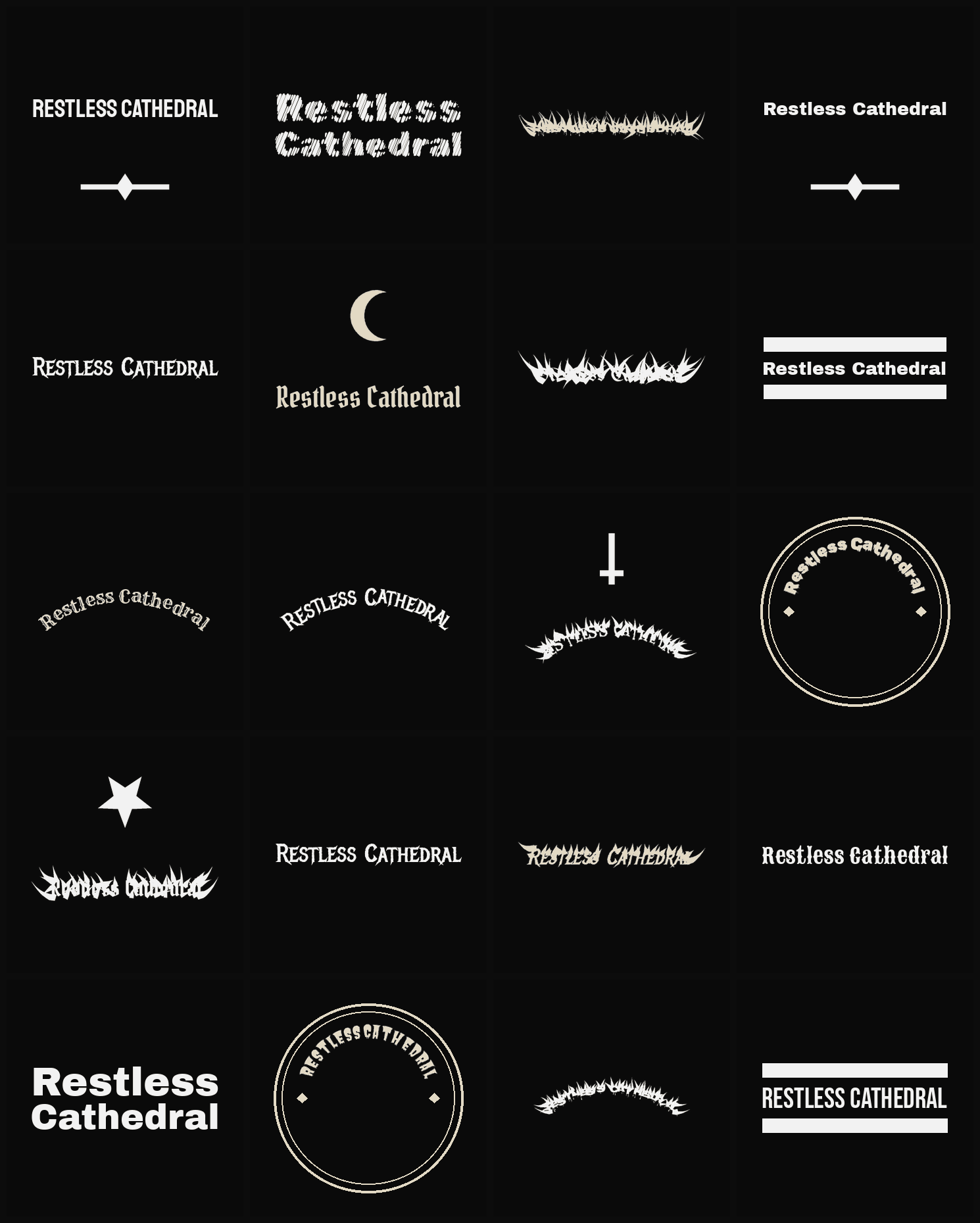 Twenty Restless Cathedral band logo ideas — different faces, treatments and spike settings