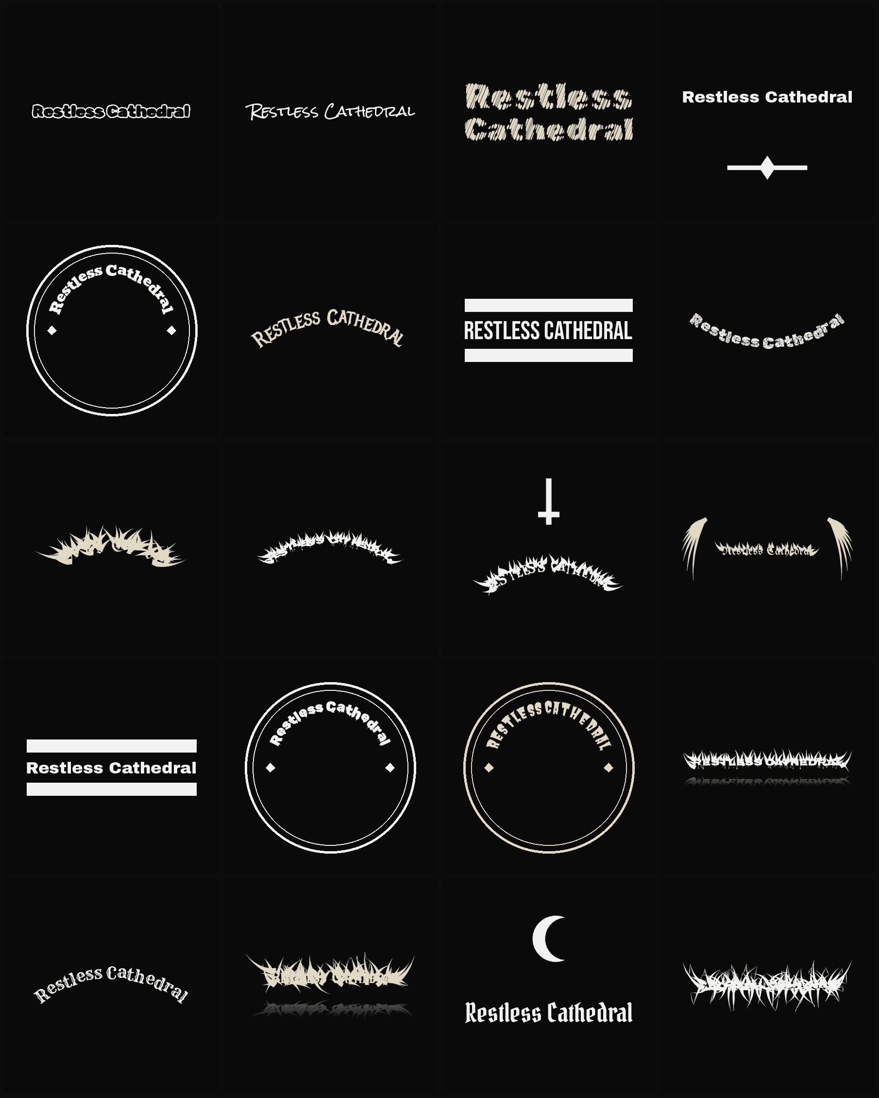 Twenty Restless Cathedral band logo ideas — different faces, treatments and spike settings