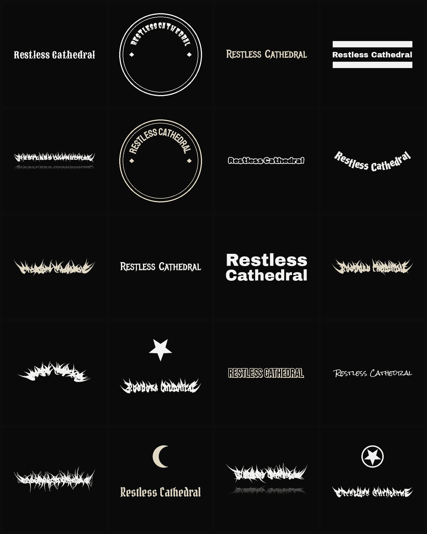 Twenty Restless Cathedral band logo ideas — different faces, treatments and spike settings
