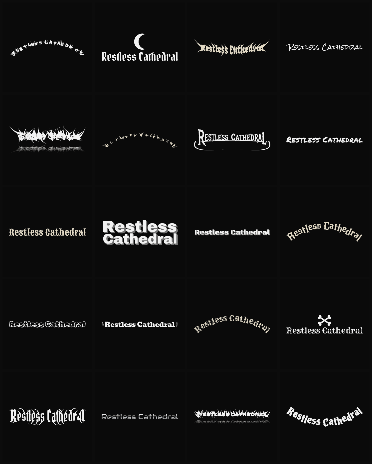 Twenty Restless Cathedral band logo ideas — different faces, treatments and spike settings
