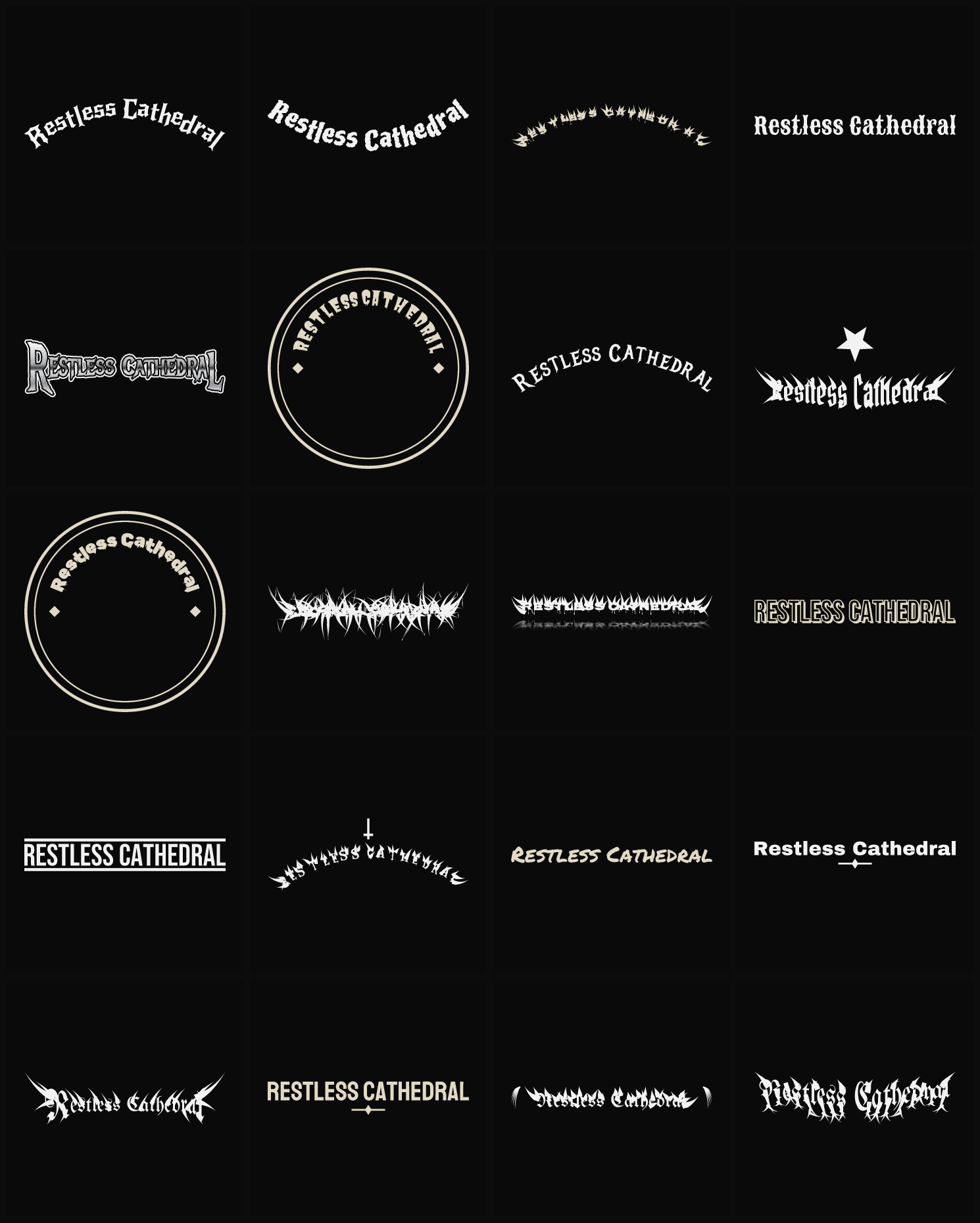 Twenty Restless Cathedral band logo ideas — different faces, treatments and spike settings