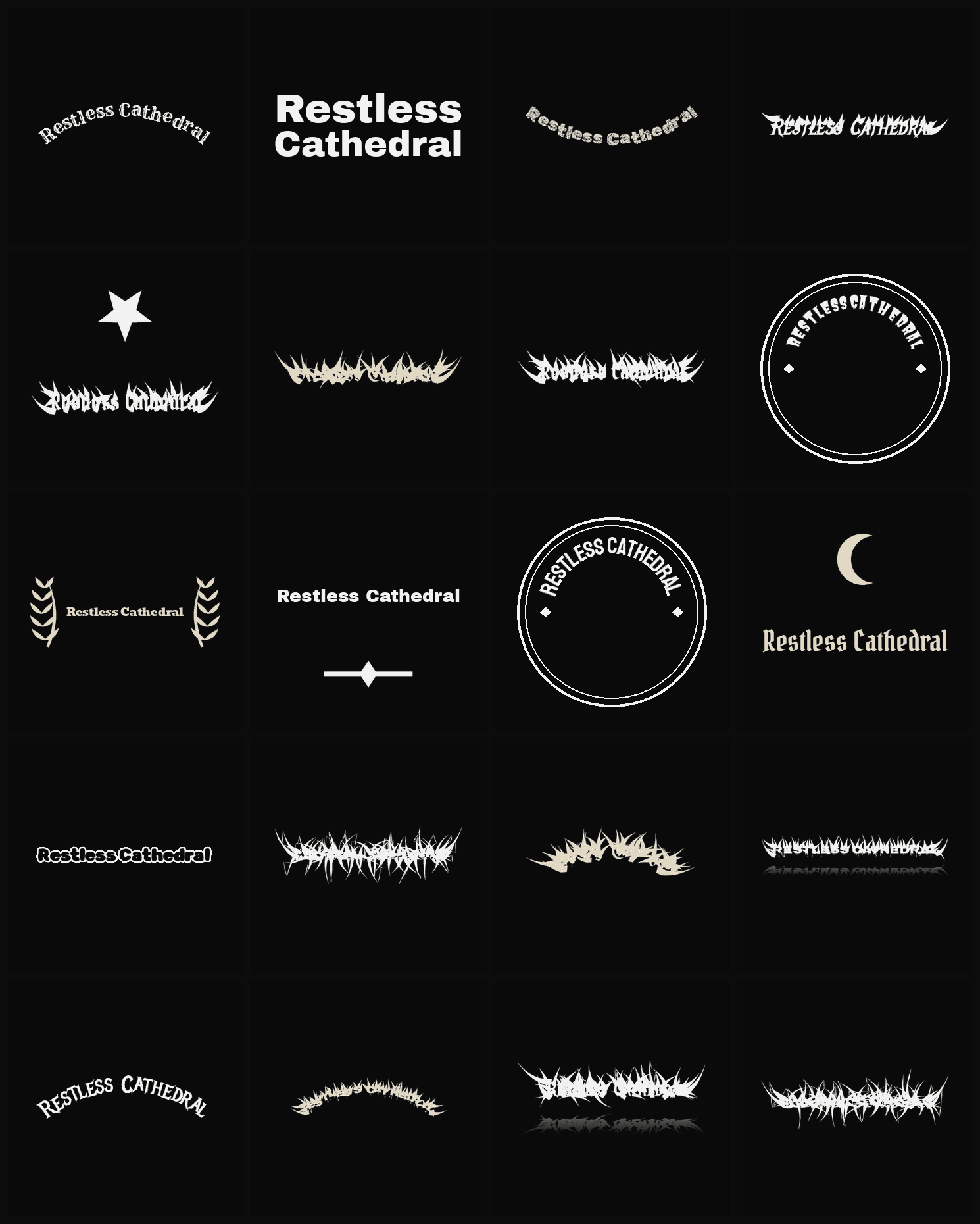 Twenty Restless Cathedral band logo ideas — different faces, treatments and spike settings
