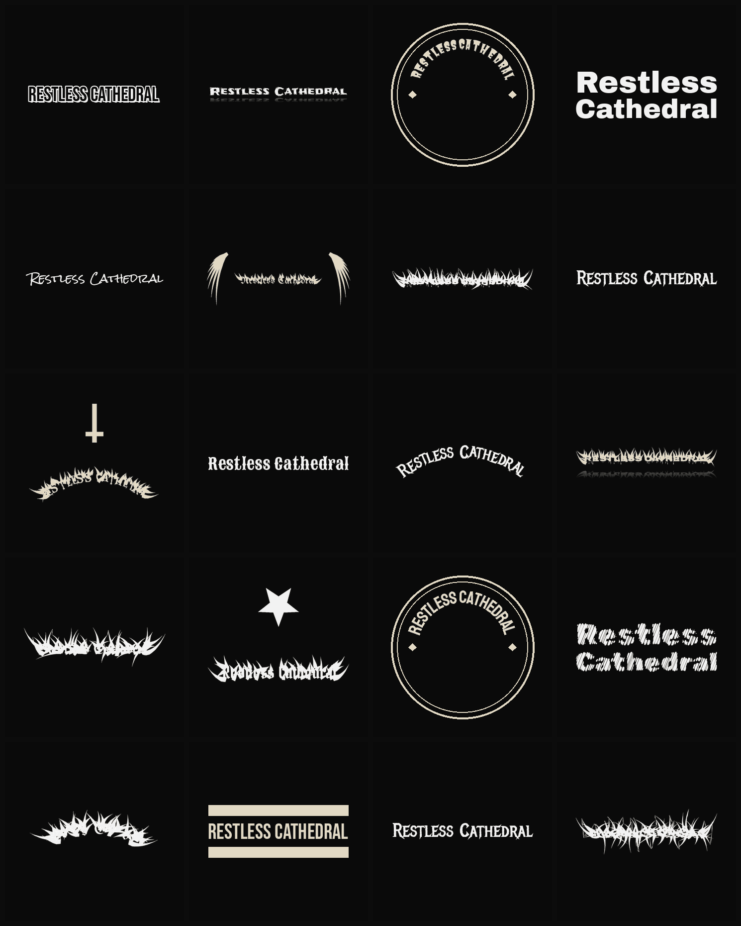 Twenty Restless Cathedral band logo ideas — different faces, treatments and spike settings