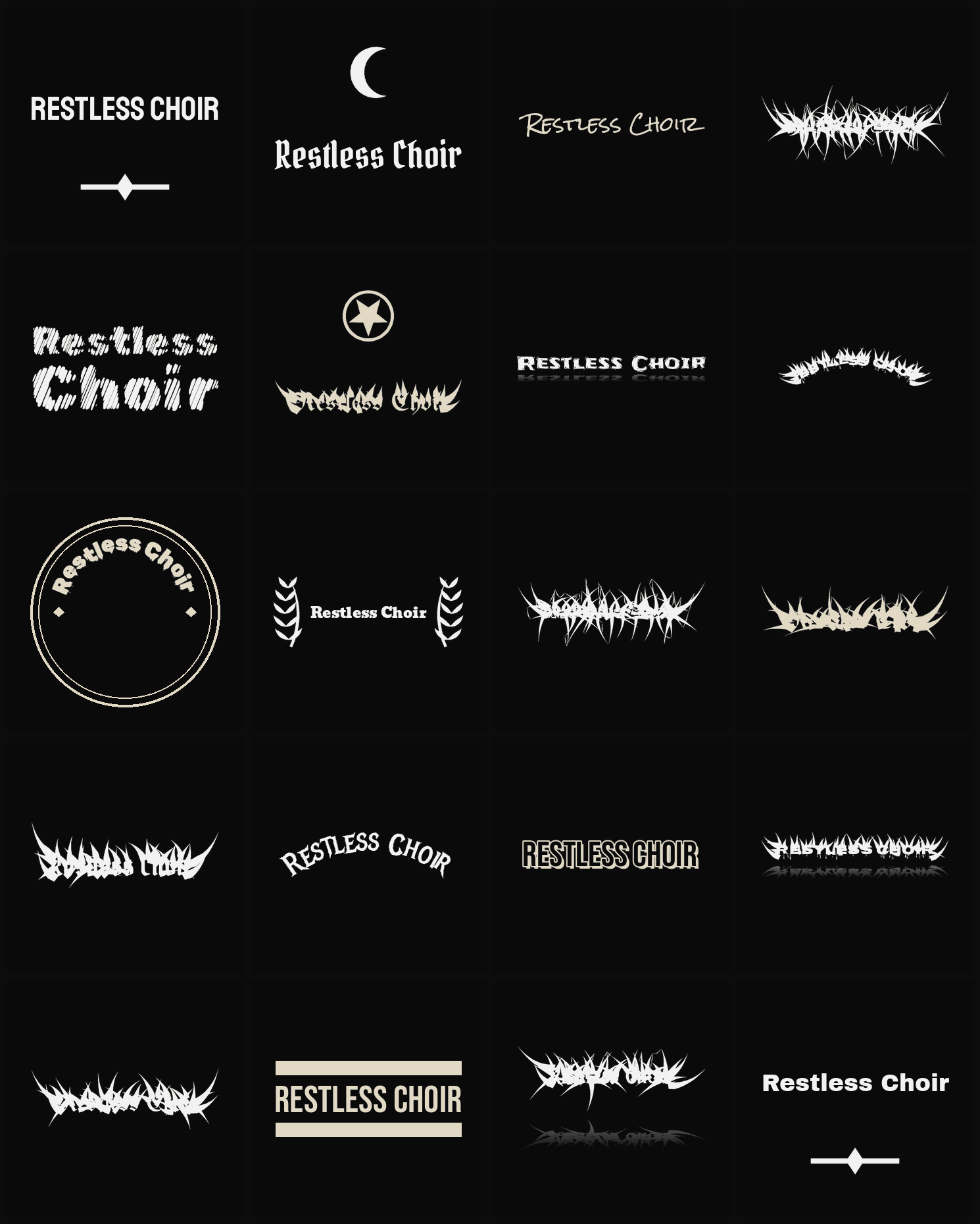 Twenty Restless Choir band logo ideas — different faces, treatments and spike settings