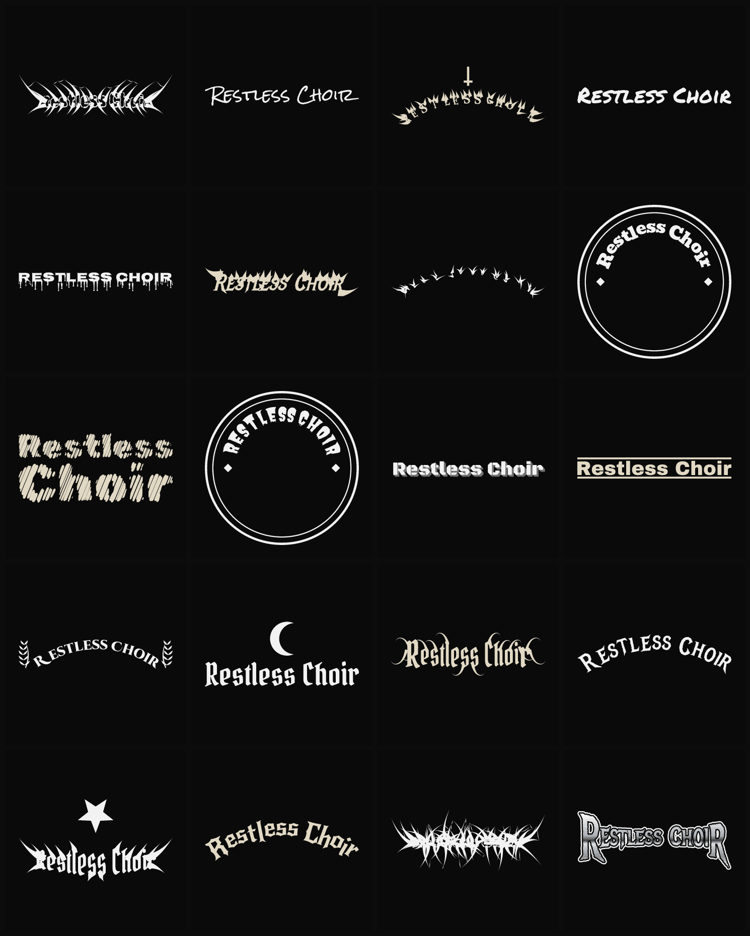 Twenty Restless Choir band logo ideas — different faces, treatments and spike settings