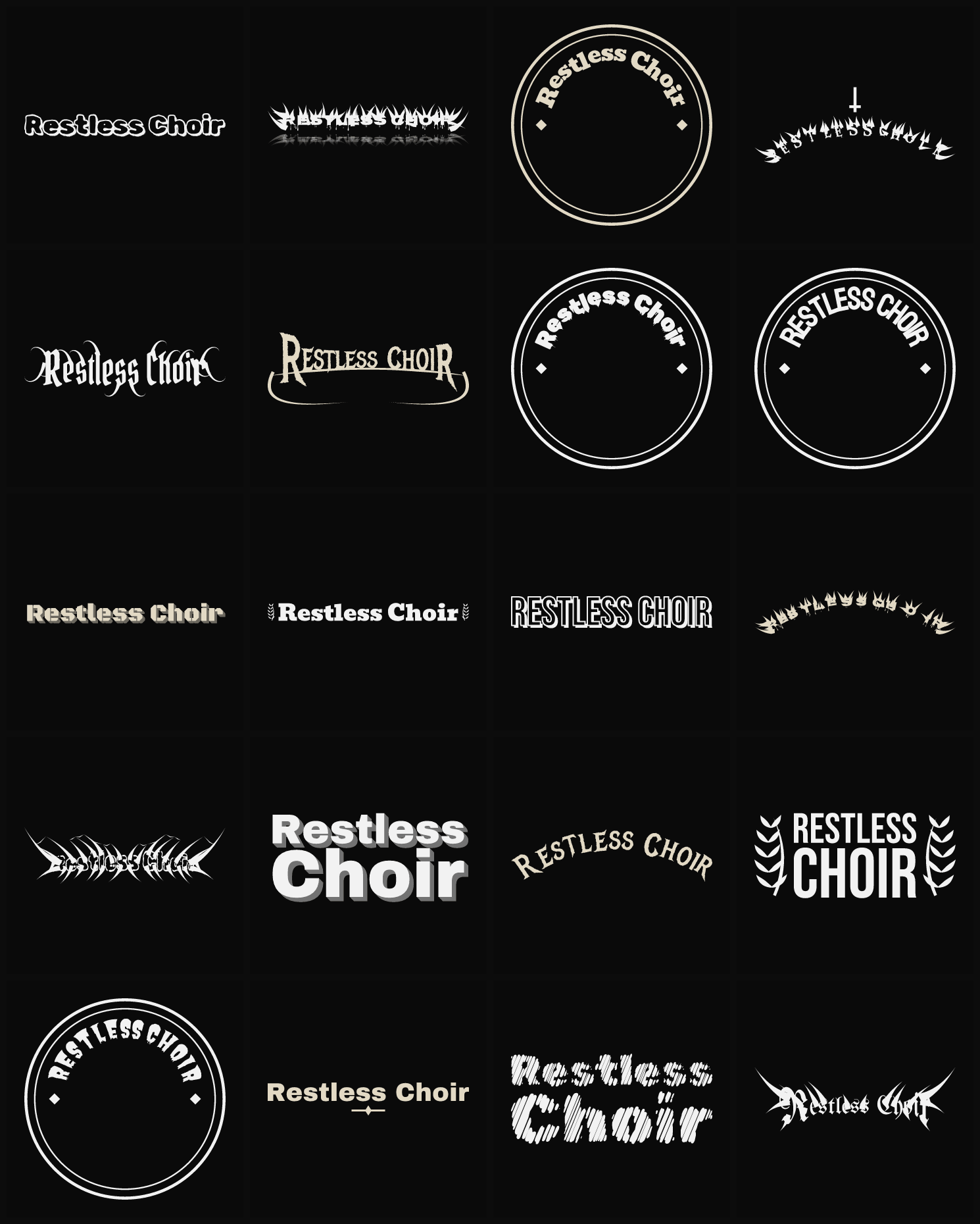 Twenty Restless Choir band logo ideas — different faces, treatments and spike settings
