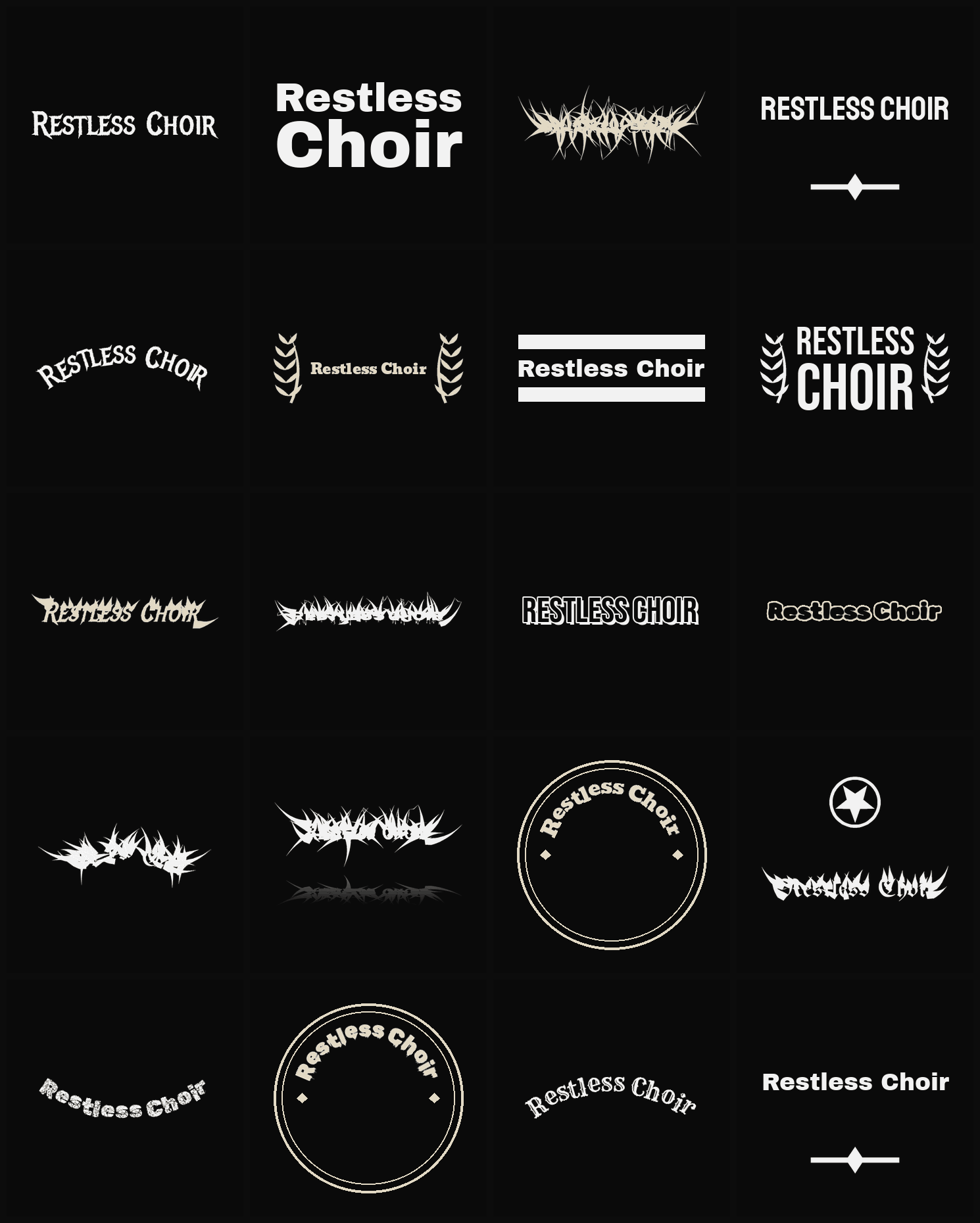 Twenty Restless Choir band logo ideas — different faces, treatments and spike settings