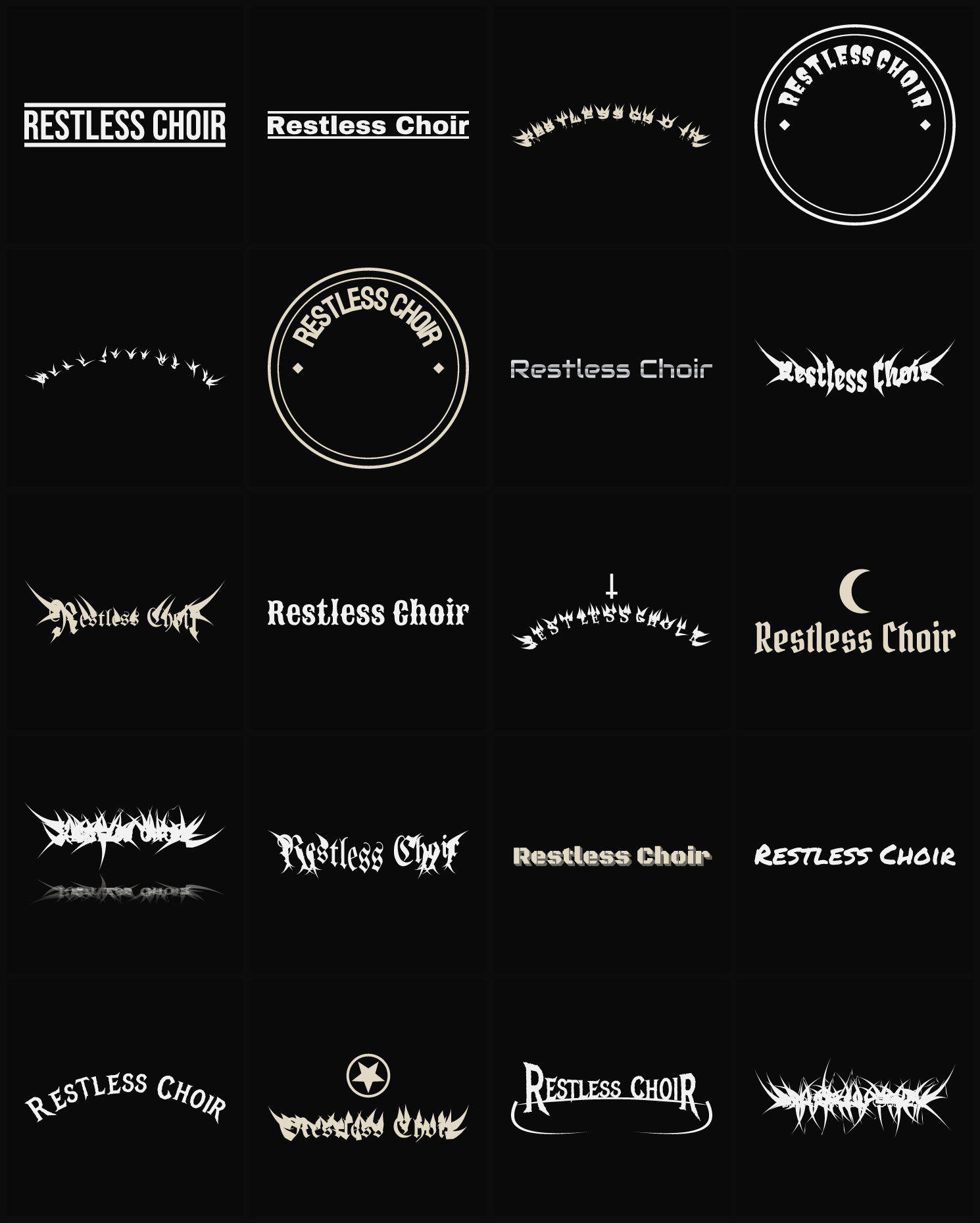 Twenty Restless Choir band logo ideas — different faces, treatments and spike settings
