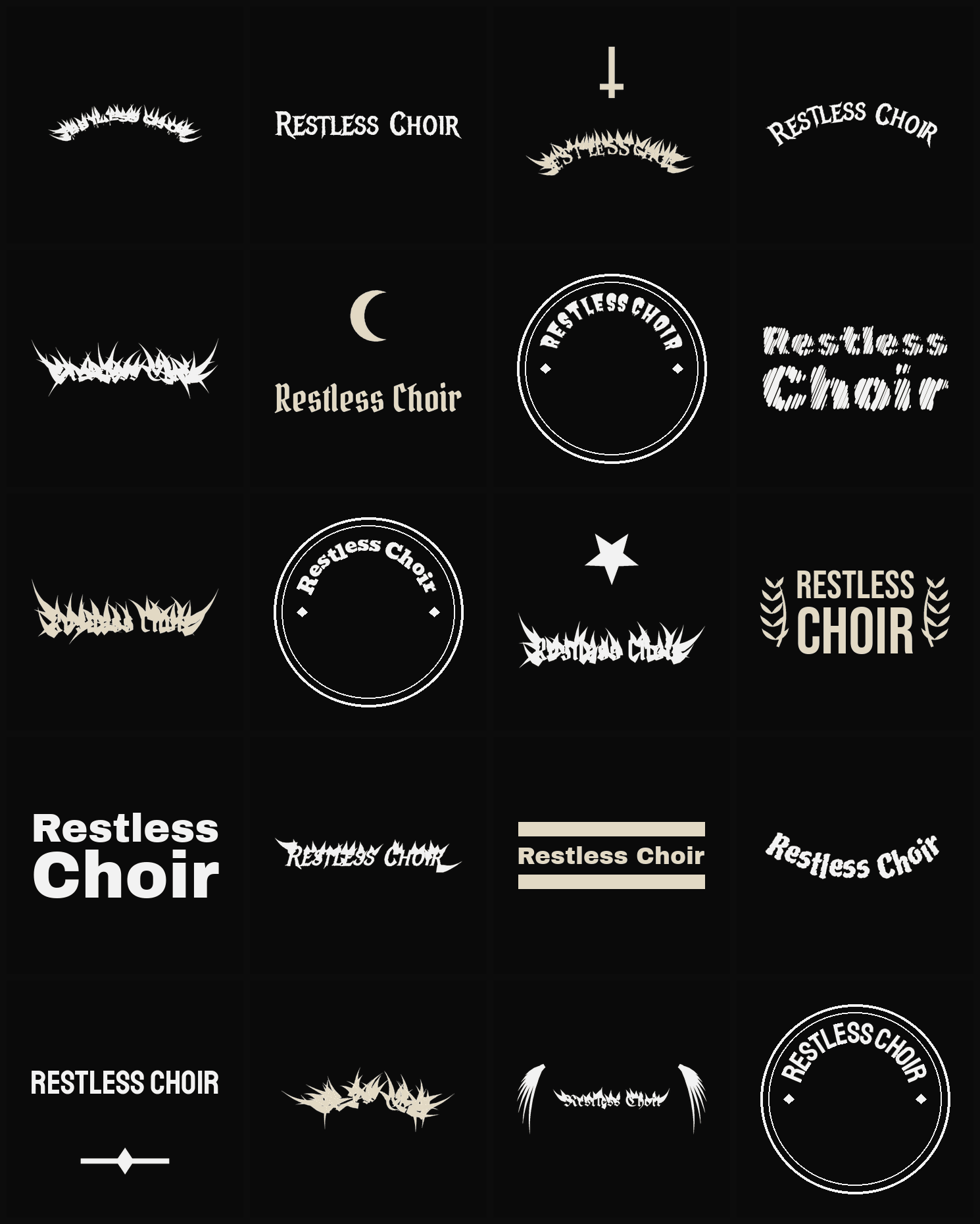 Twenty Restless Choir band logo ideas — different faces, treatments and spike settings