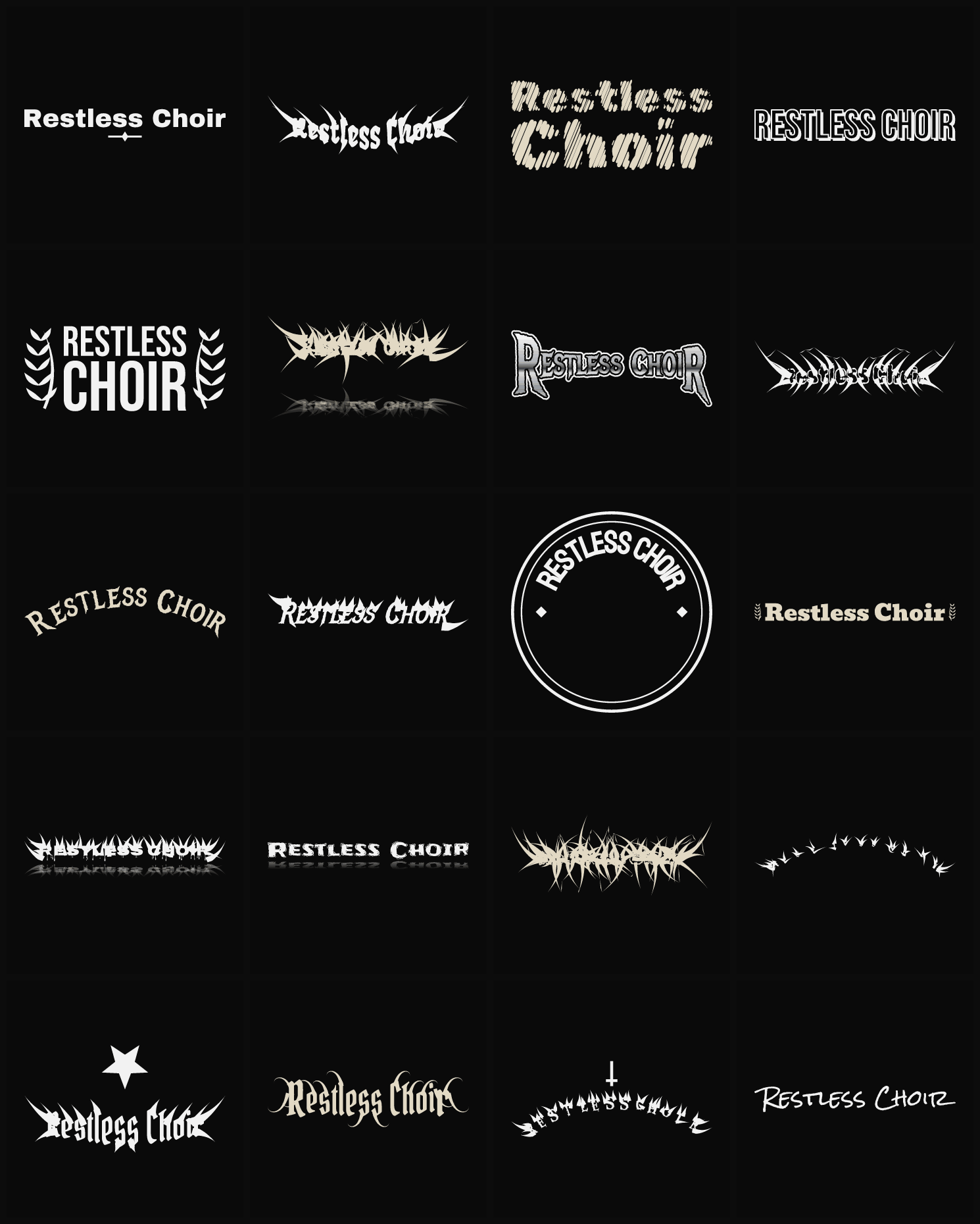 Twenty Restless Choir band logo ideas — different faces, treatments and spike settings
