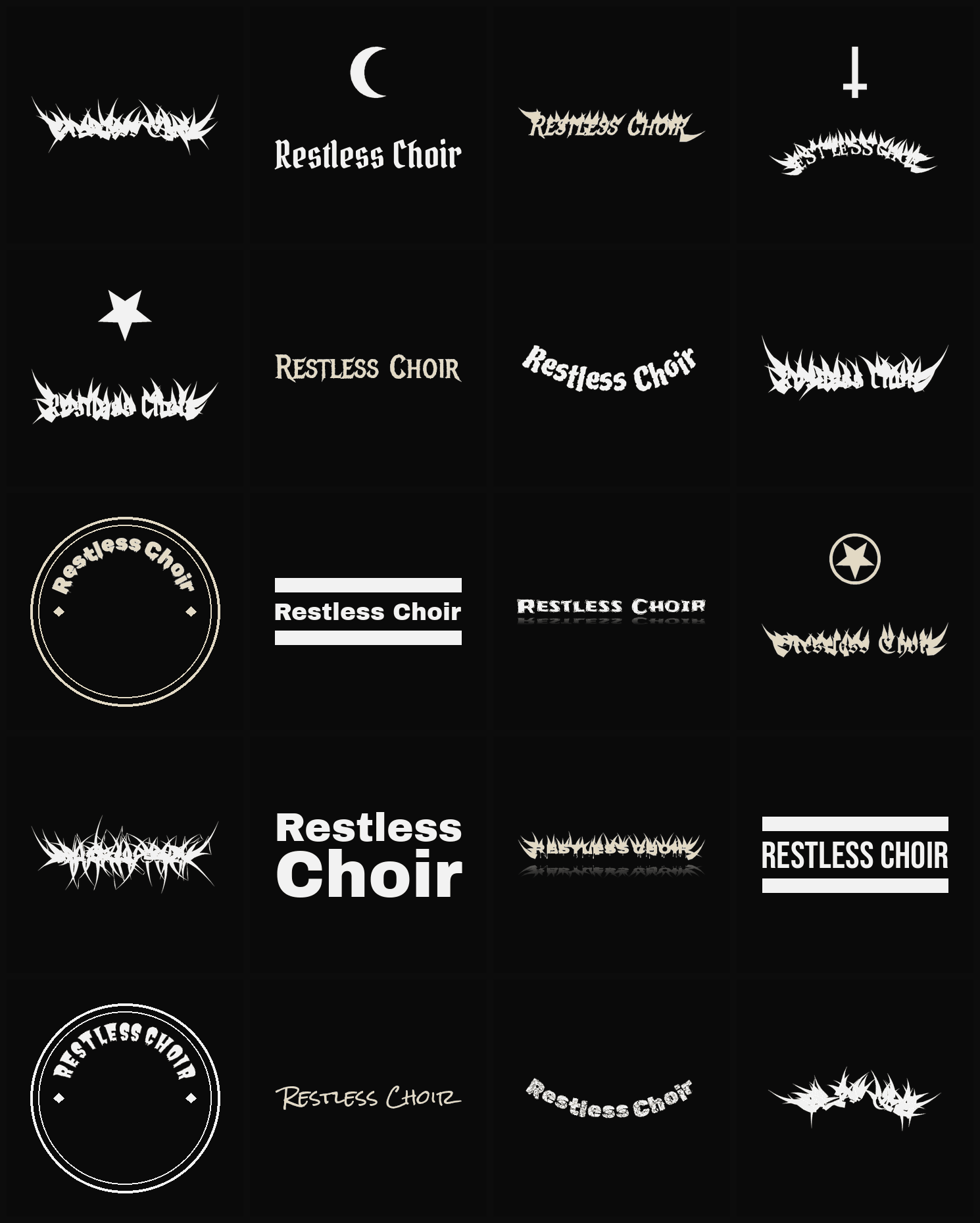 Twenty Restless Choir band logo ideas — different faces, treatments and spike settings