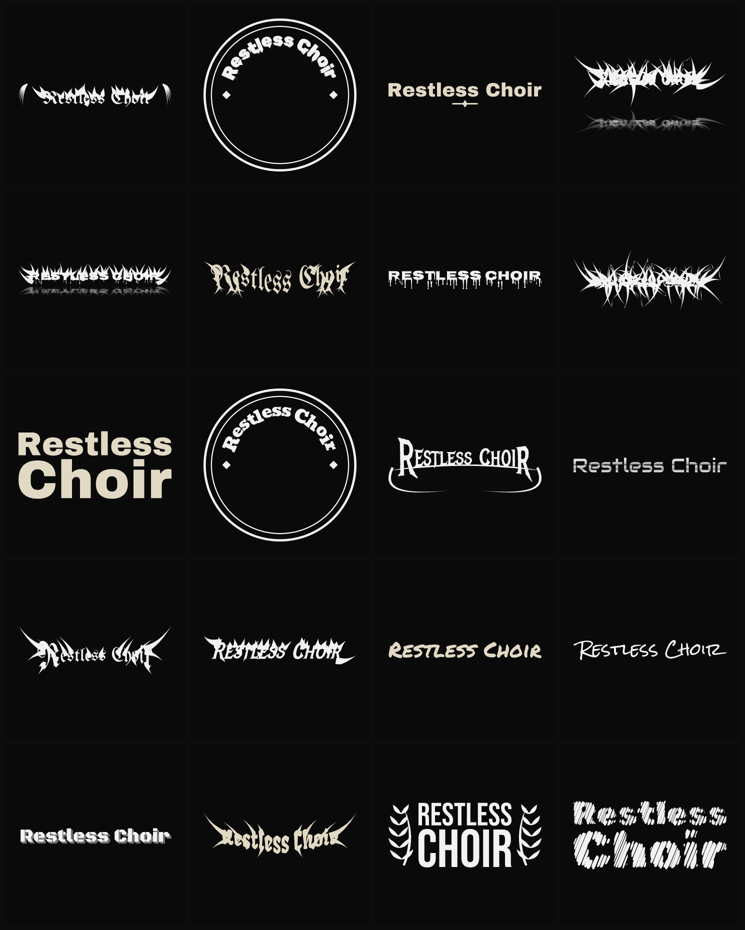 Twenty Restless Choir band logo ideas — different faces, treatments and spike settings