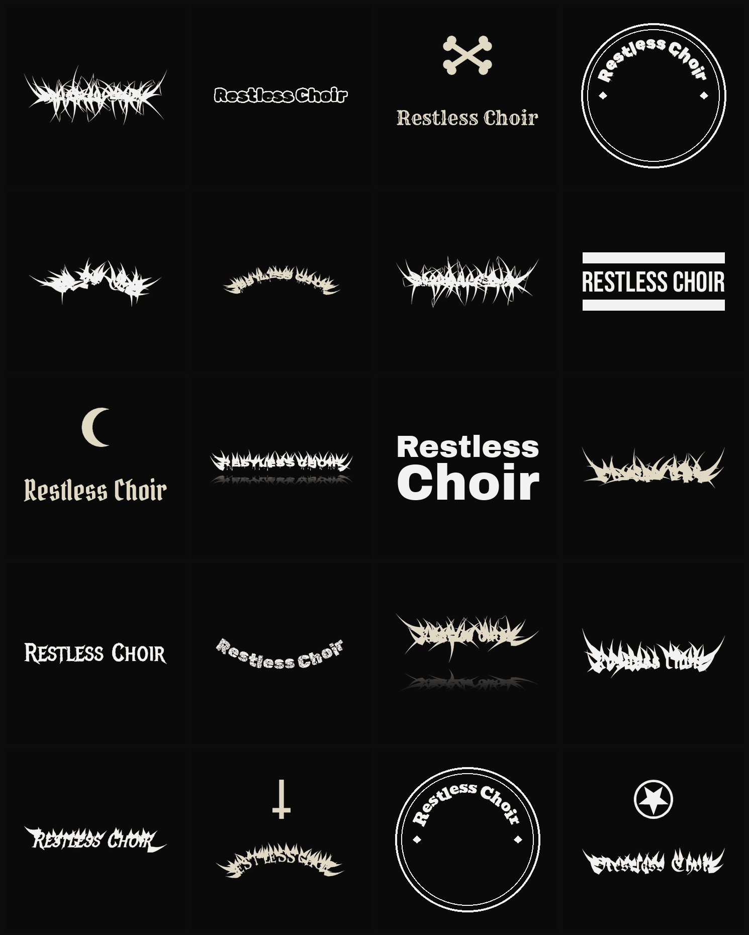 Twenty Restless Choir band logo ideas — different faces, treatments and spike settings