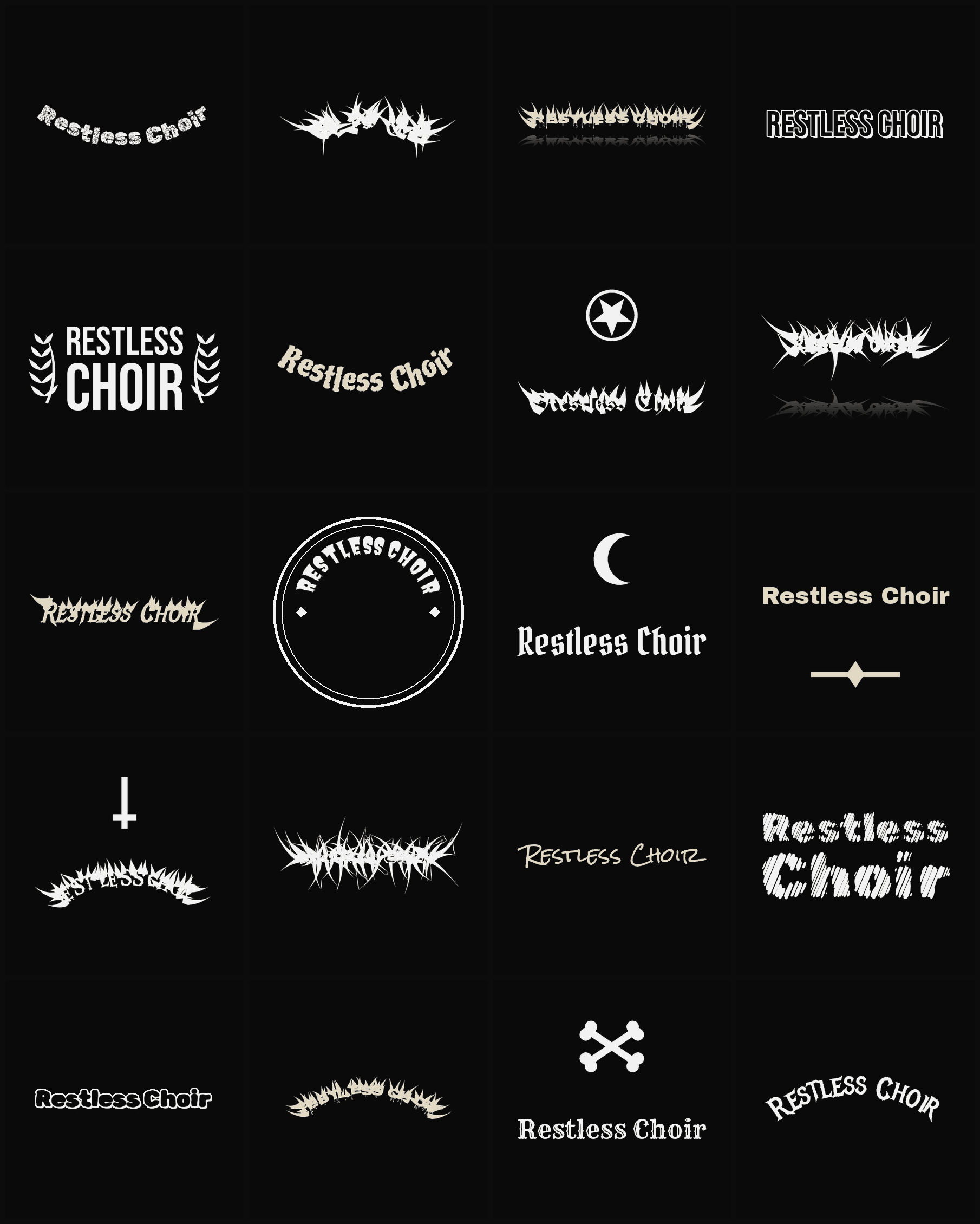 Twenty Restless Choir band logo ideas — different faces, treatments and spike settings