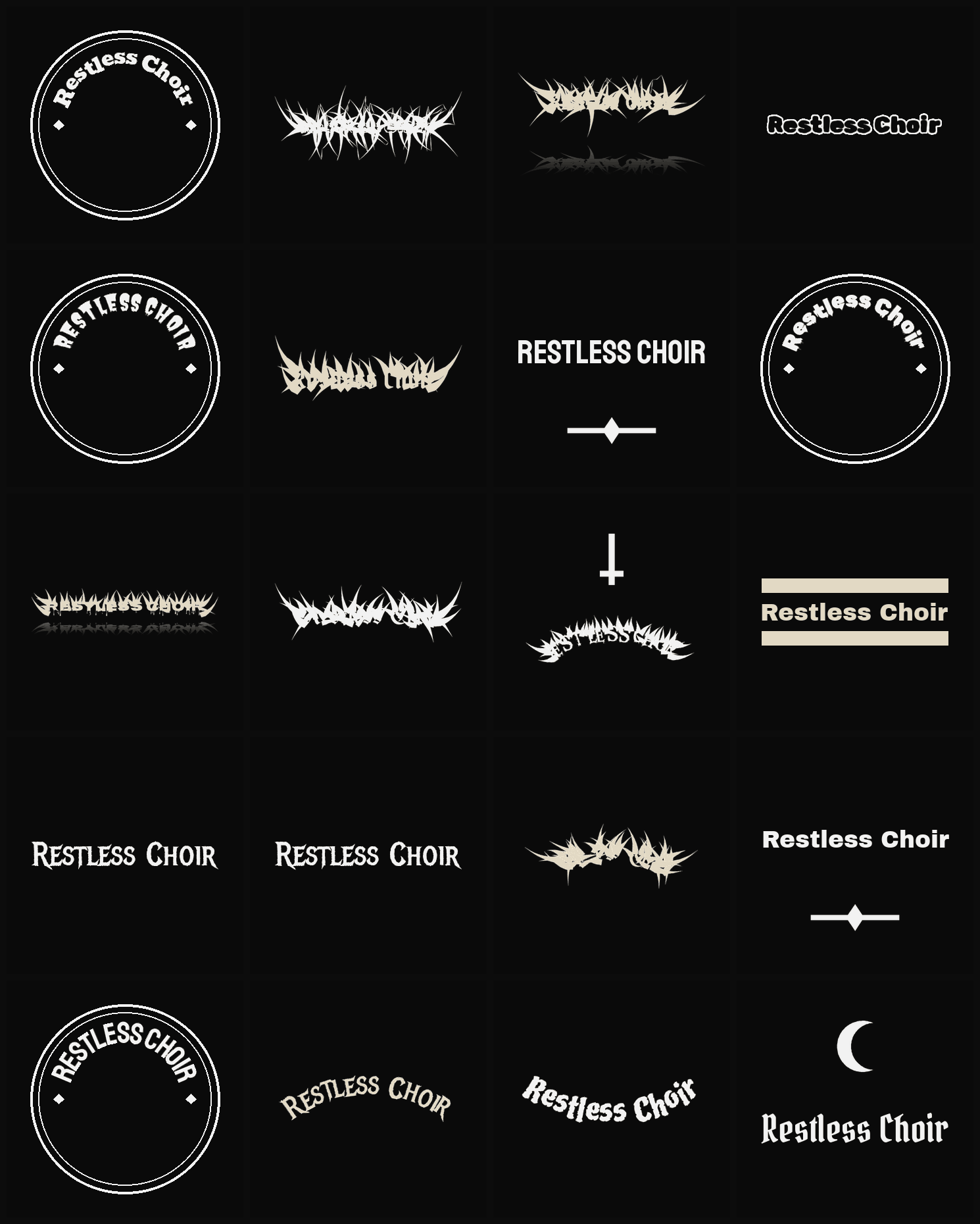 Twenty Restless Choir band logo ideas — different faces, treatments and spike settings