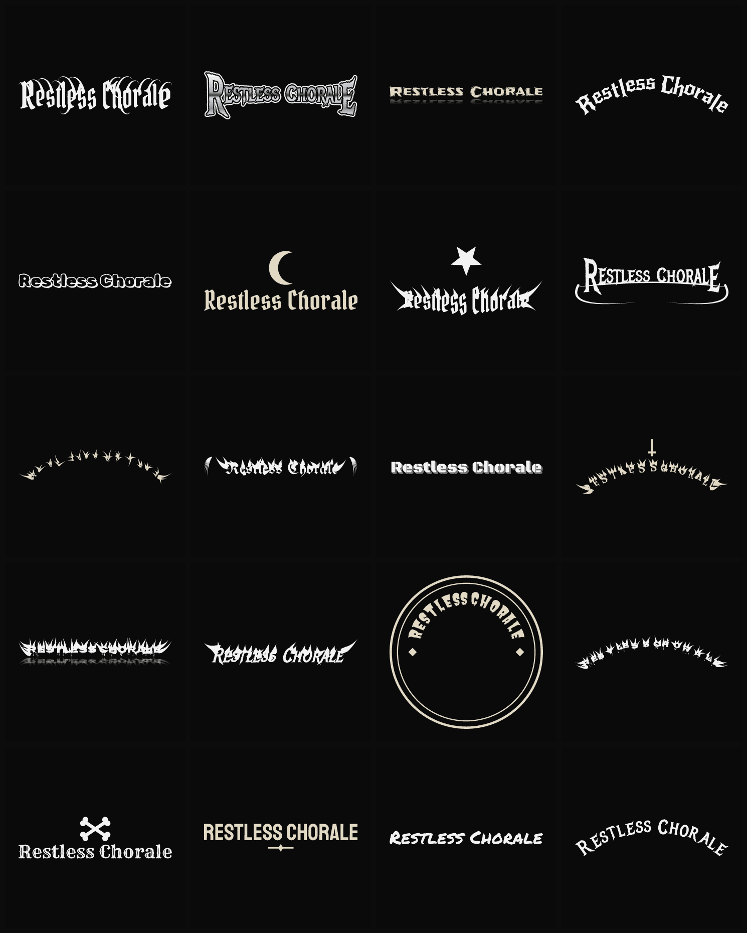 Twenty Restless Chorale band logo ideas — different faces, treatments and spike settings