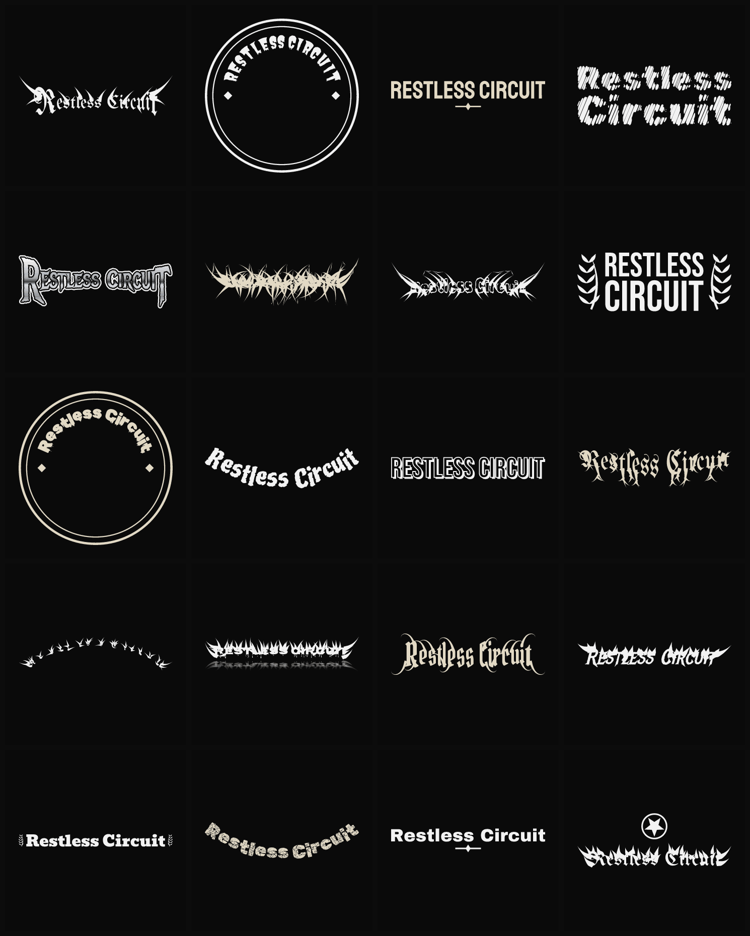 Twenty Restless Circuit band logo ideas — different faces, treatments and spike settings
