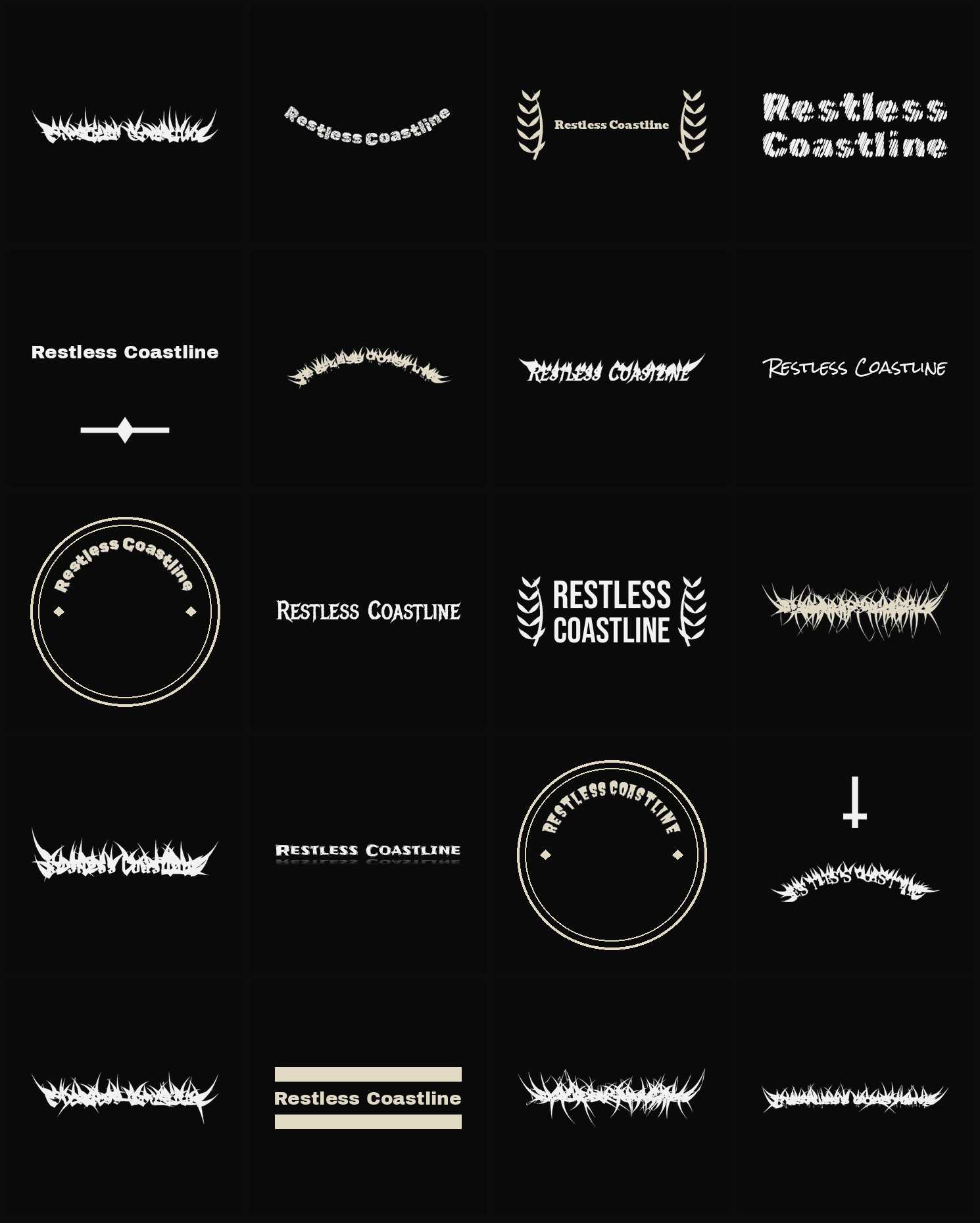 Twenty Restless Coastline band logo ideas — different faces, treatments and spike settings