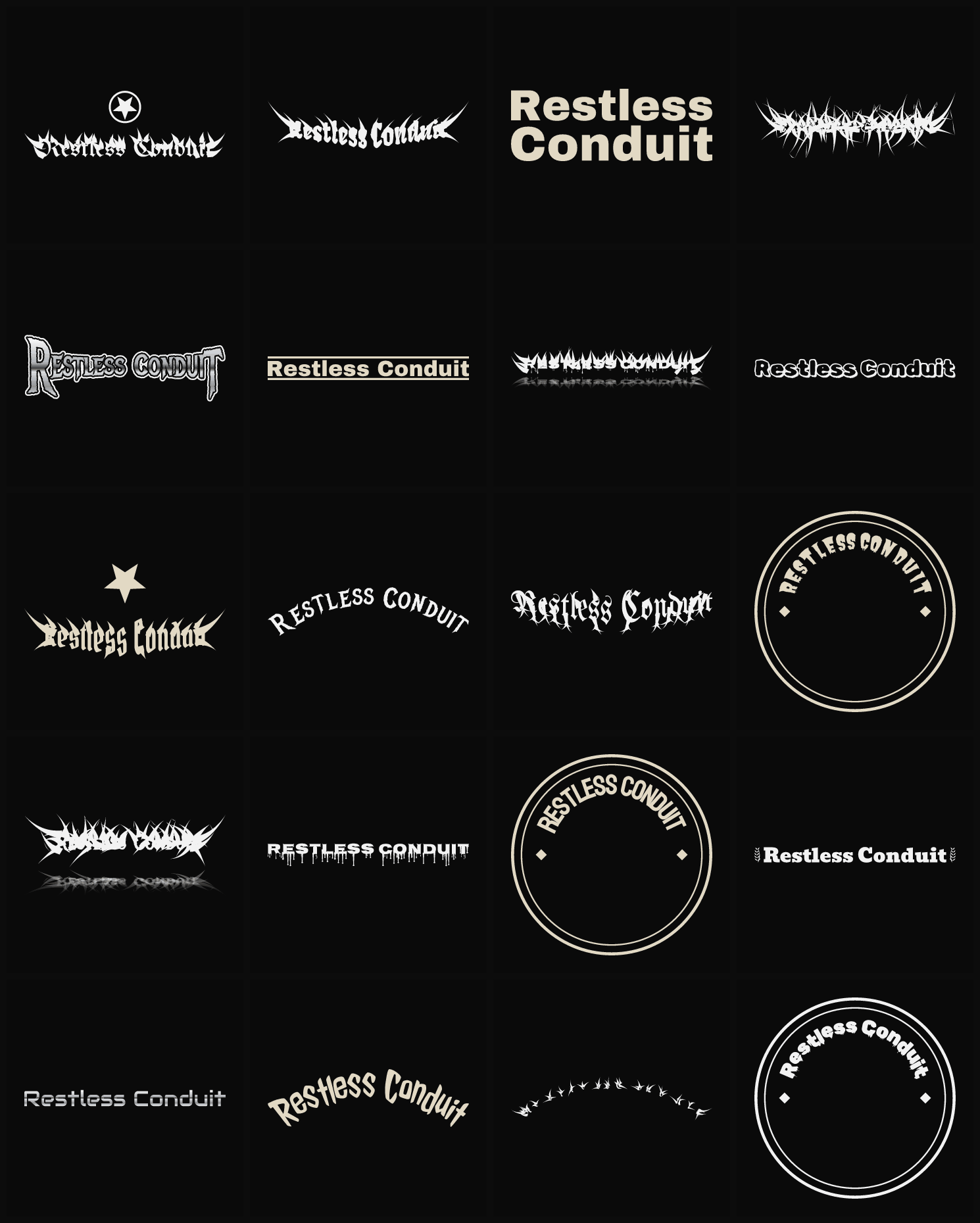 Twenty Restless Conduit band logo ideas — different faces, treatments and spike settings
