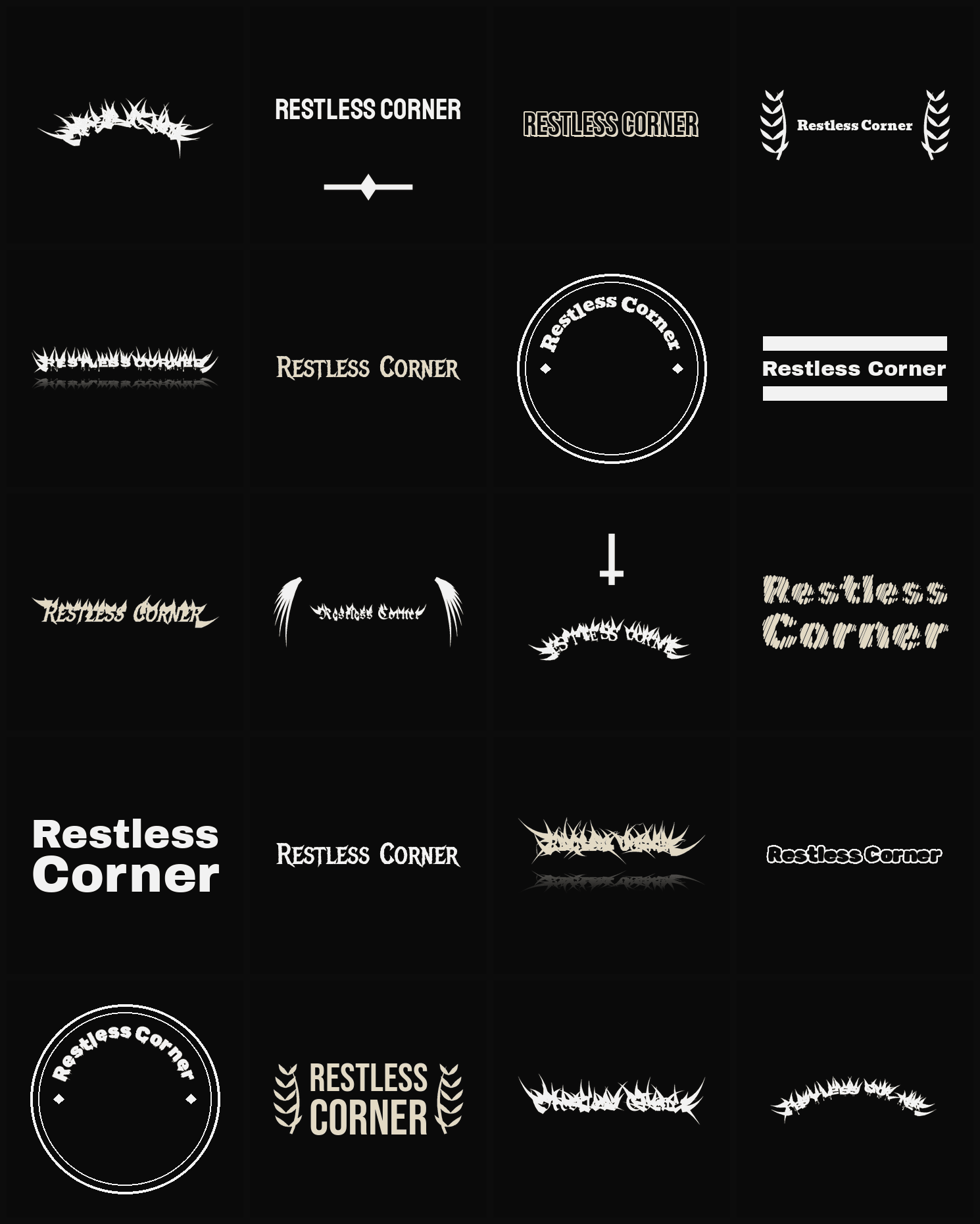Twenty Restless Corner band logo ideas — different faces, treatments and spike settings