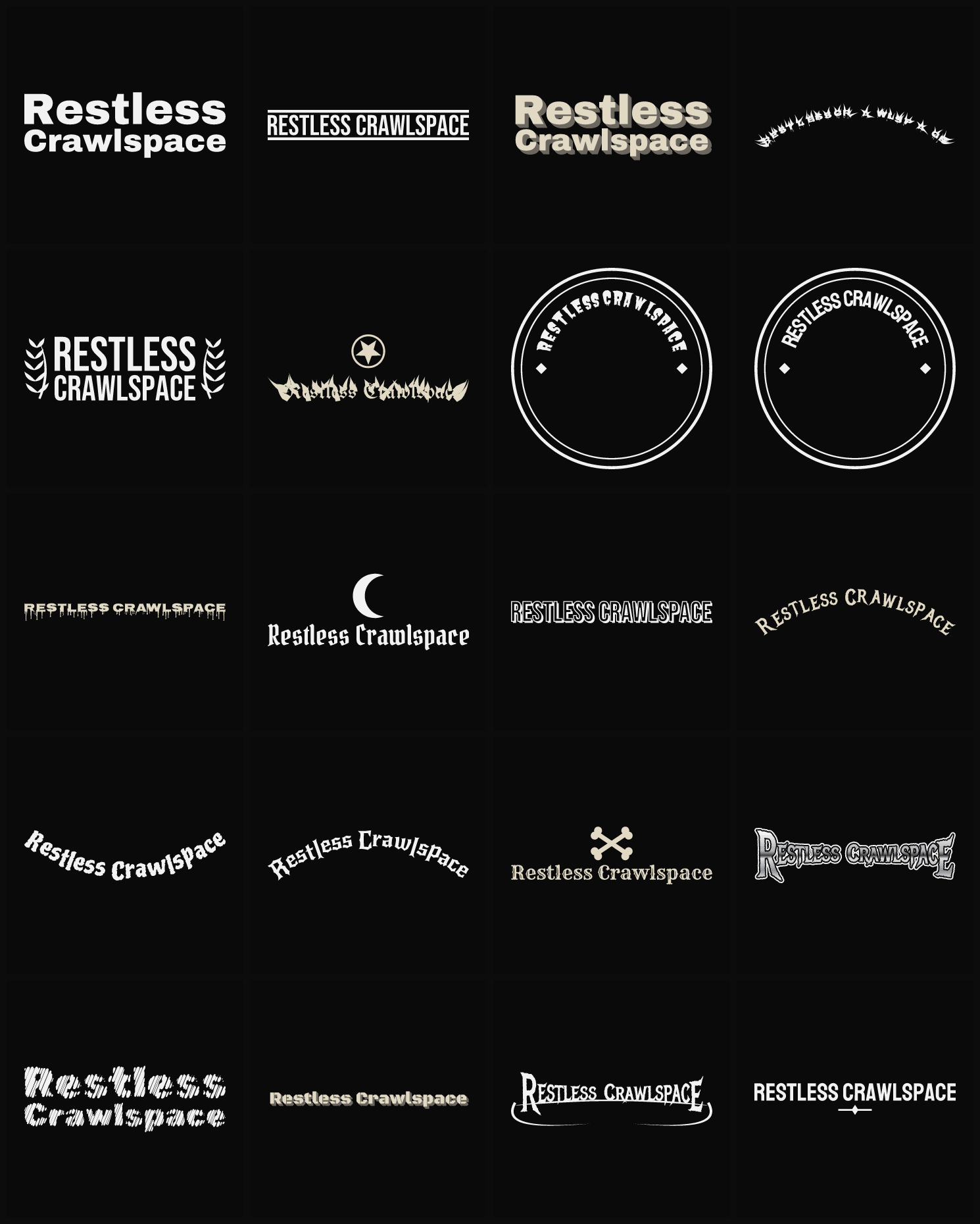 Twenty Restless Crawlspace band logo ideas — different faces, treatments and spike settings