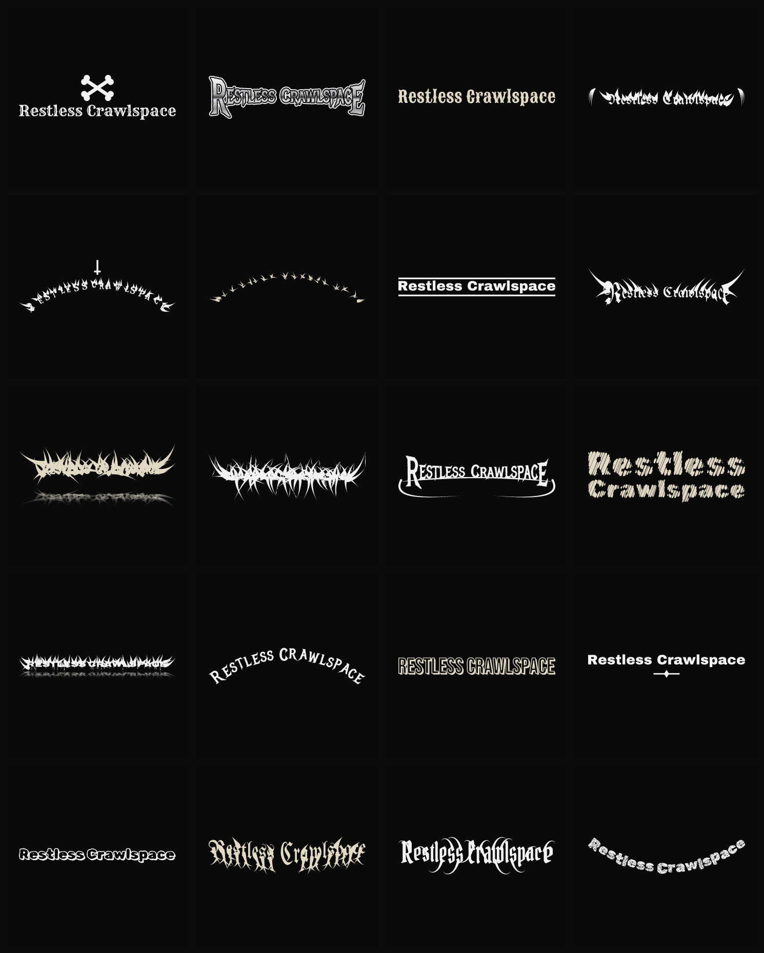 Twenty Restless Crawlspace band logo ideas — different faces, treatments and spike settings
