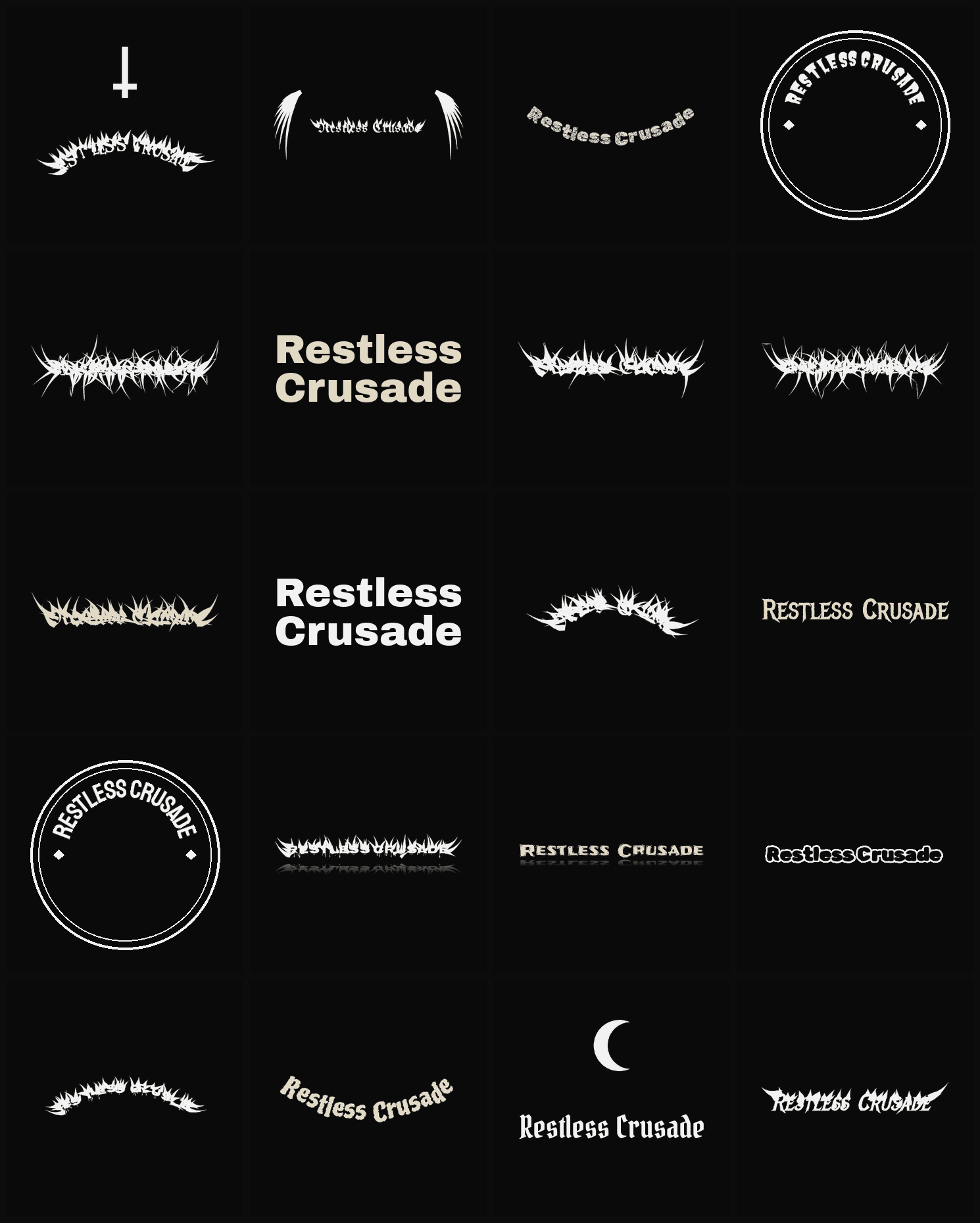 Twenty Restless Crusade band logo ideas — different faces, treatments and spike settings