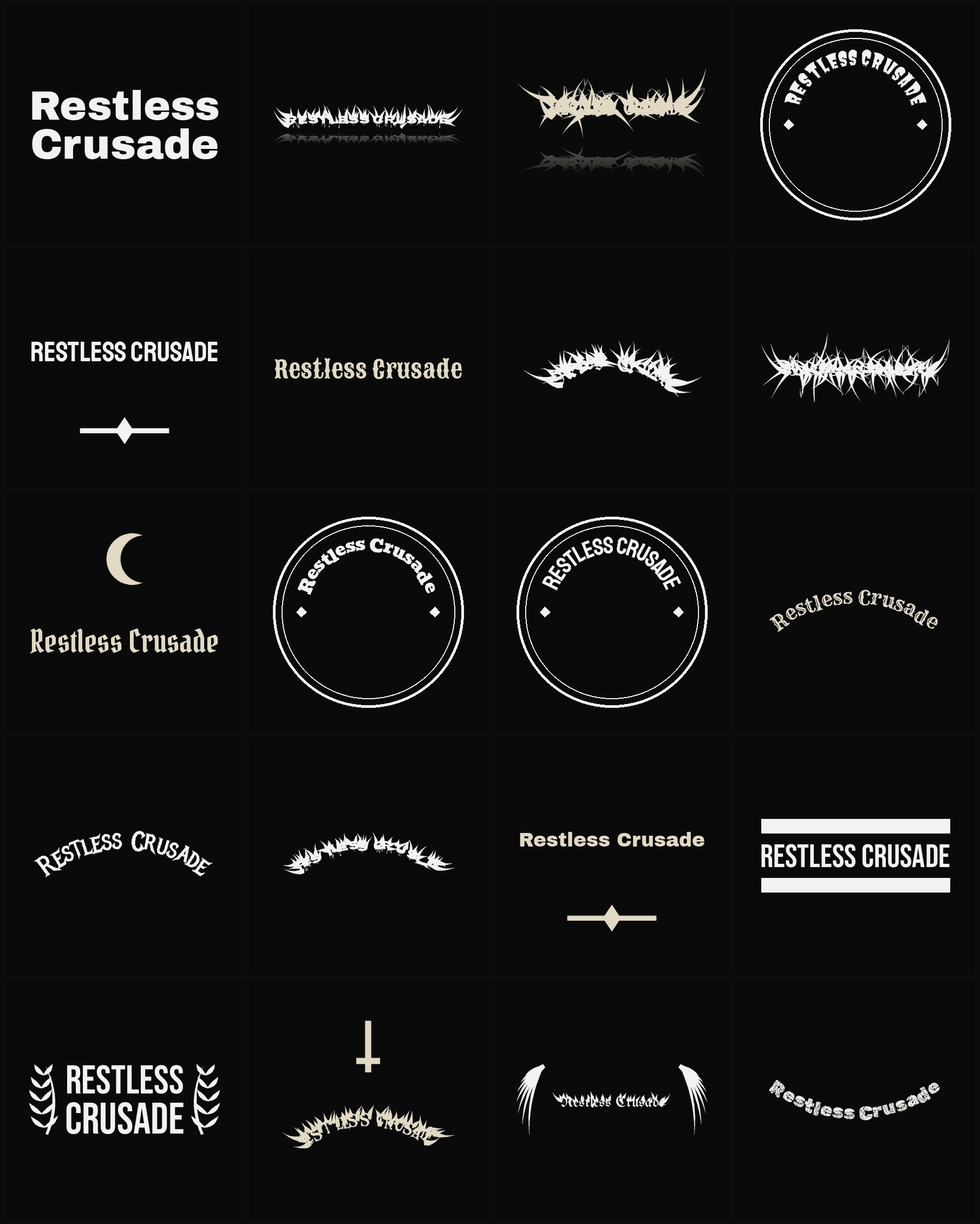 Twenty Restless Crusade band logo ideas — different faces, treatments and spike settings