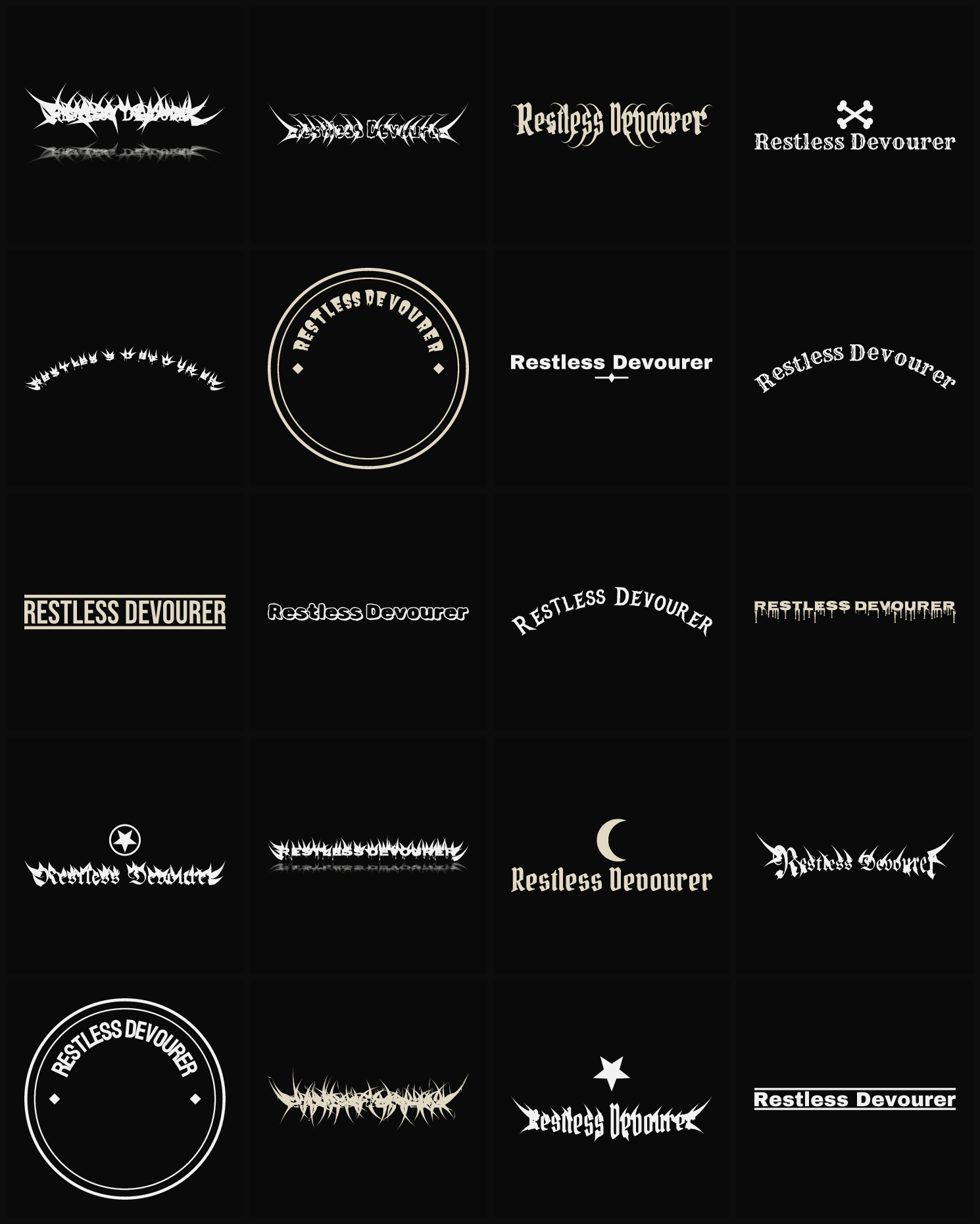 Twenty Restless Devourer band logo ideas — different faces, treatments and spike settings