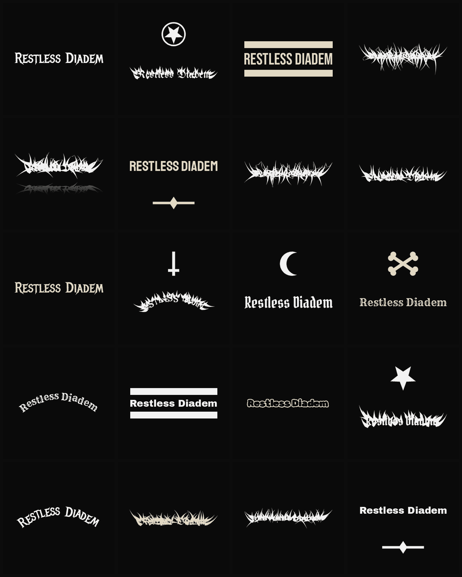 Twenty Restless Diadem band logo ideas — different faces, treatments and spike settings