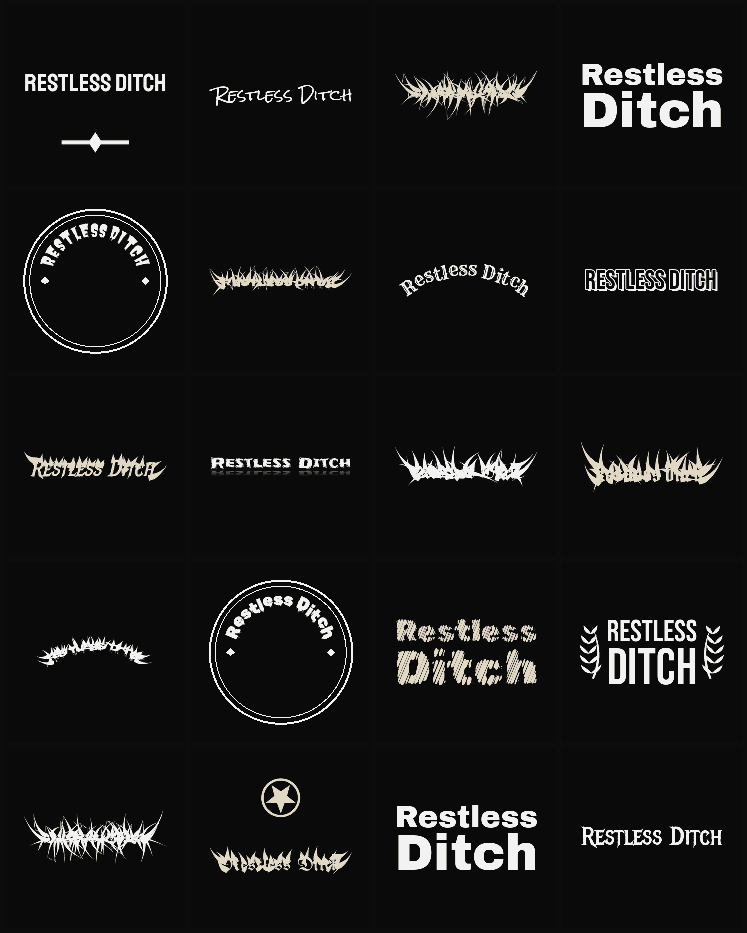 Twenty Restless Ditch band logo ideas — different faces, treatments and spike settings