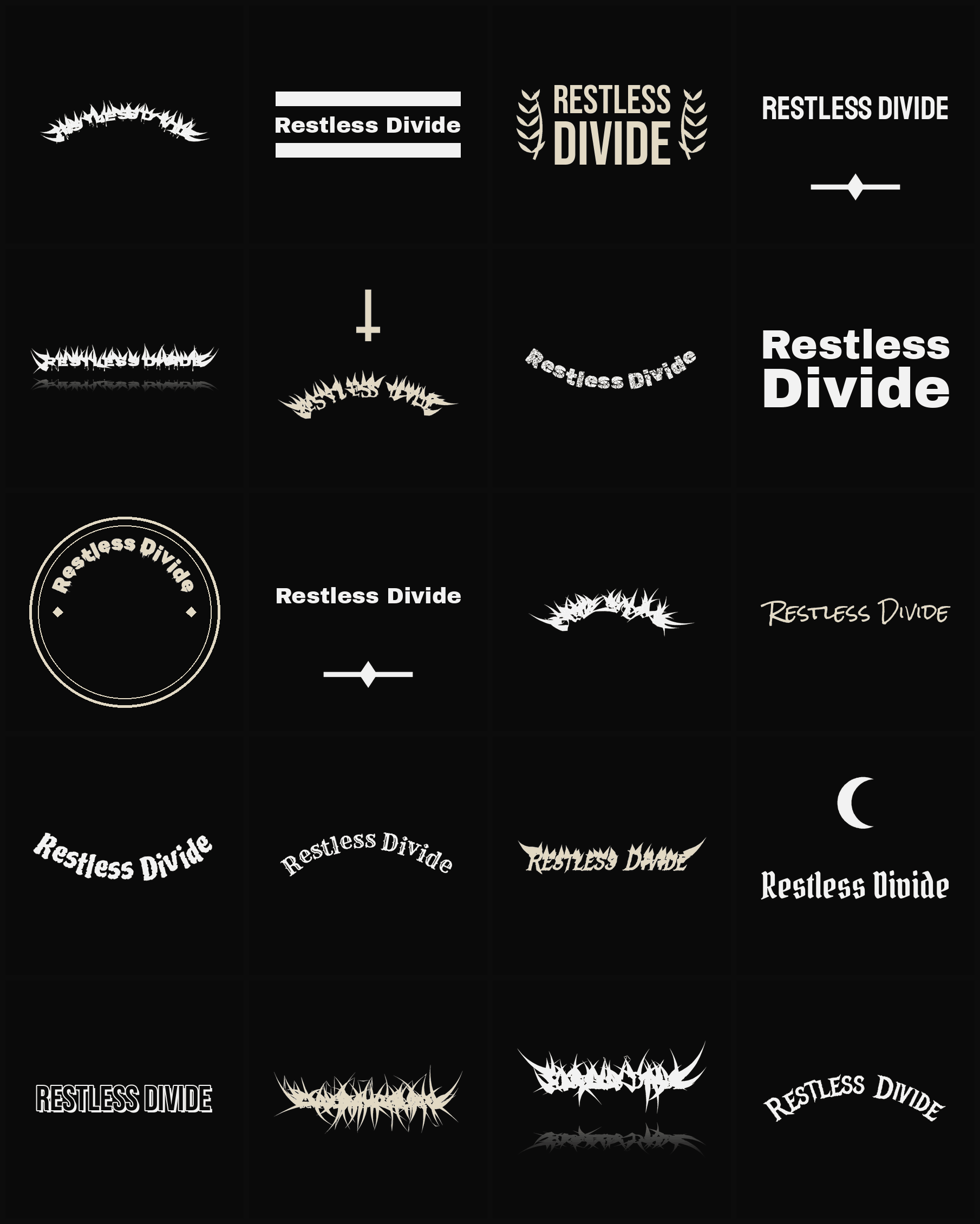 Twenty Restless Divide band logo ideas — different faces, treatments and spike settings