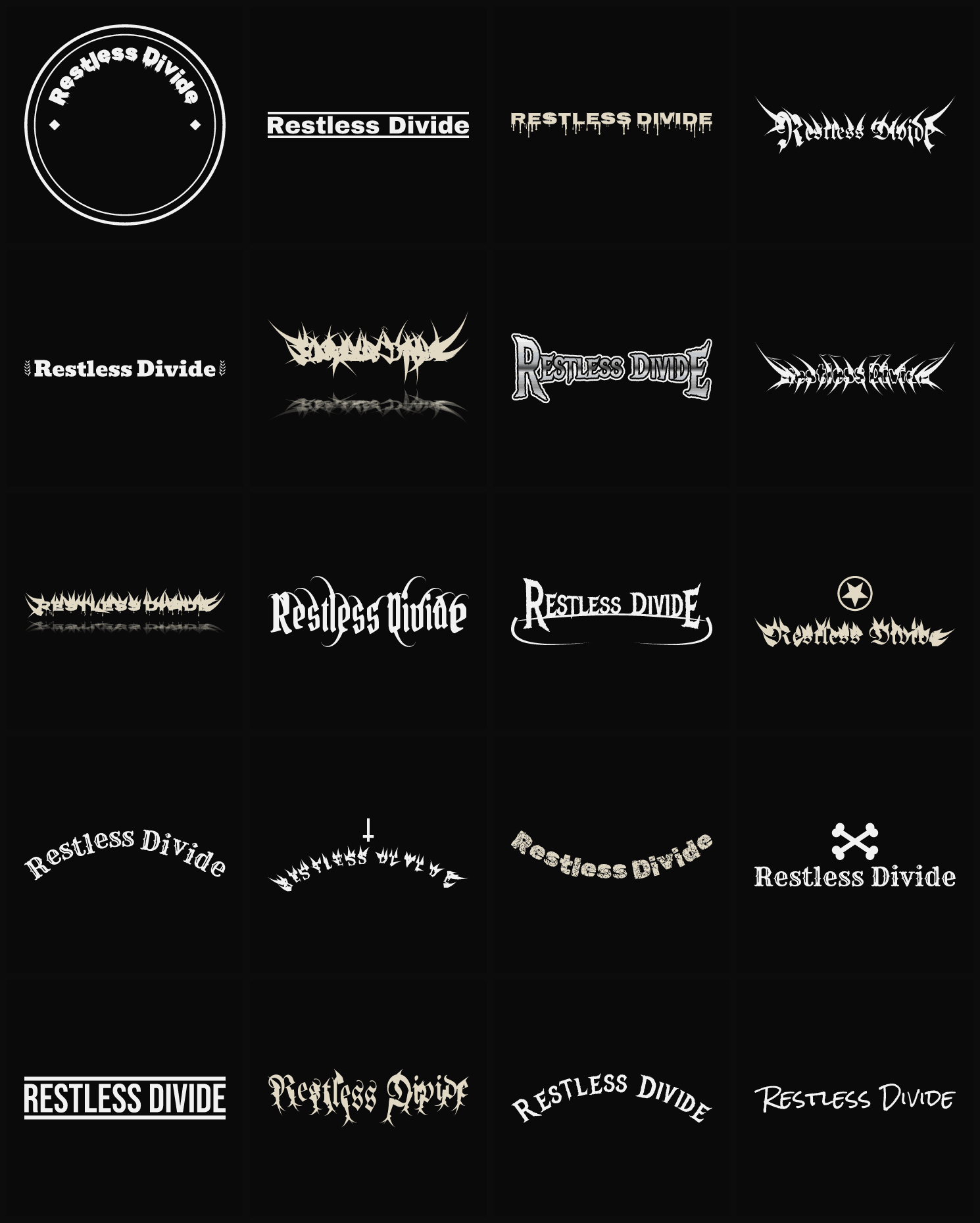 Twenty Restless Divide band logo ideas — different faces, treatments and spike settings