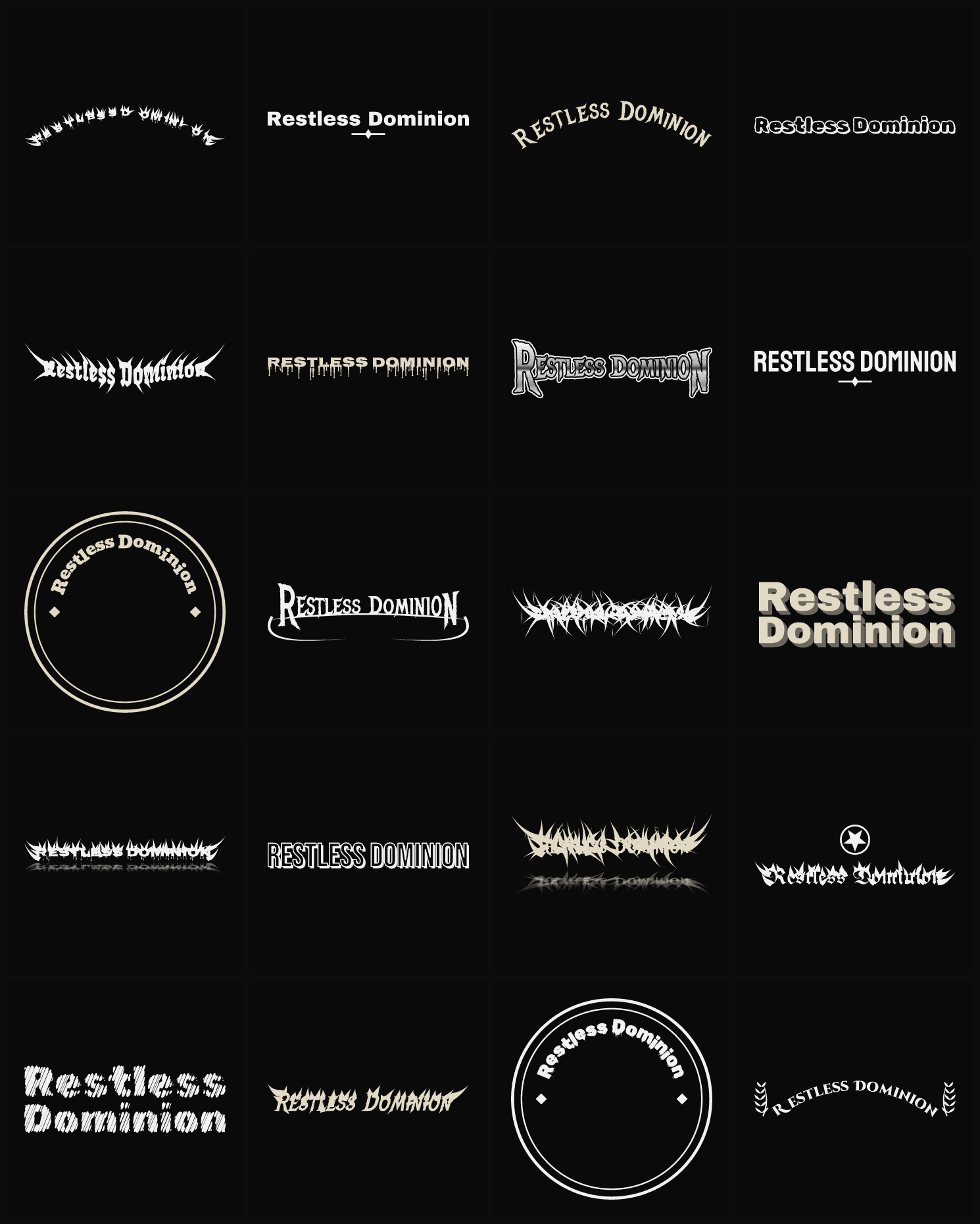 Twenty Restless Dominion band logo ideas — different faces, treatments and spike settings