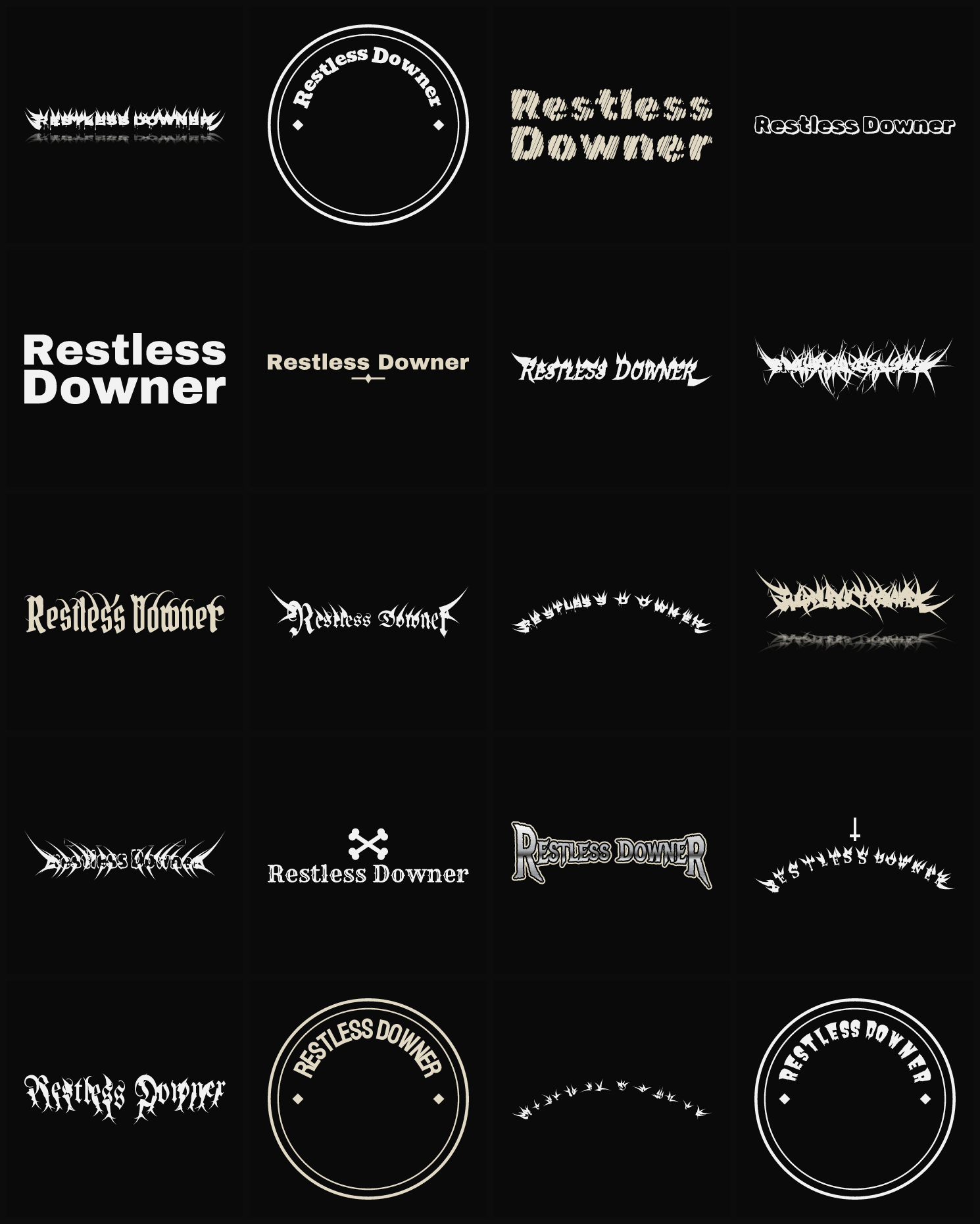 Twenty Restless Downer band logo ideas — different faces, treatments and spike settings
