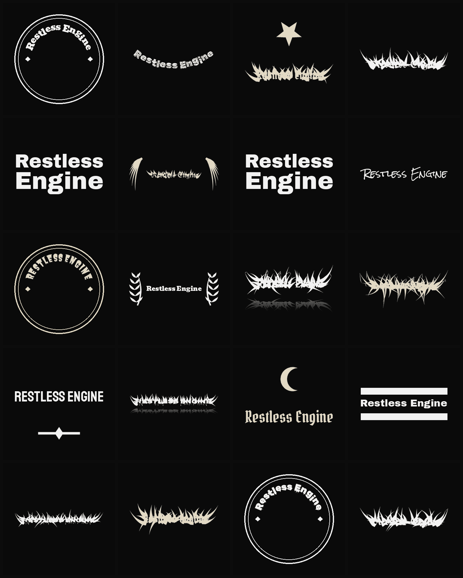 Twenty Restless Engine band logo ideas — different faces, treatments and spike settings