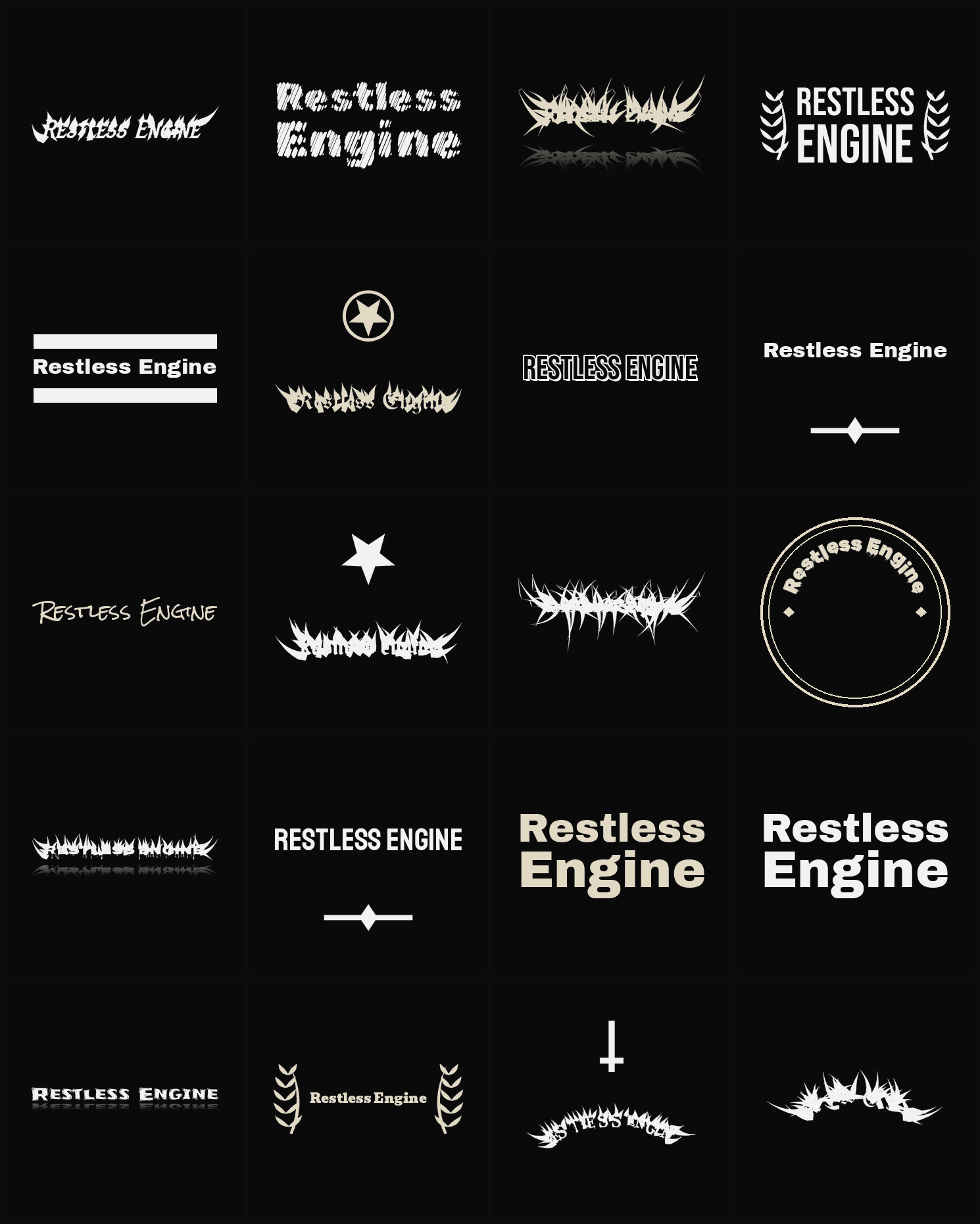 Twenty Restless Engine band logo ideas — different faces, treatments and spike settings