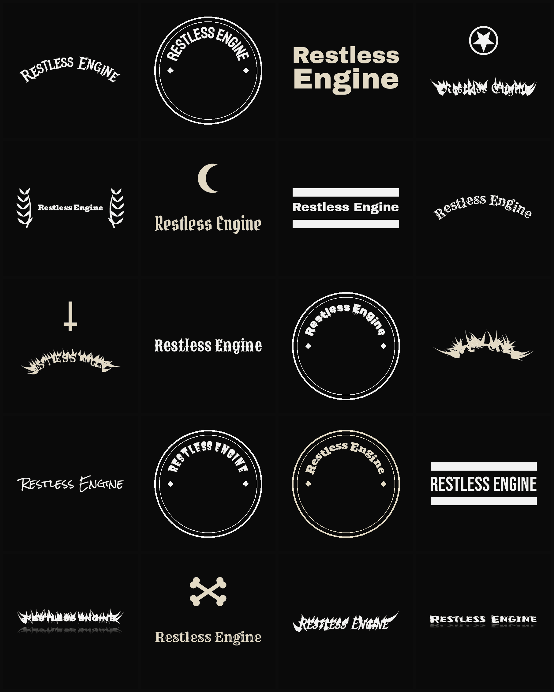 Twenty Restless Engine band logo ideas — different faces, treatments and spike settings