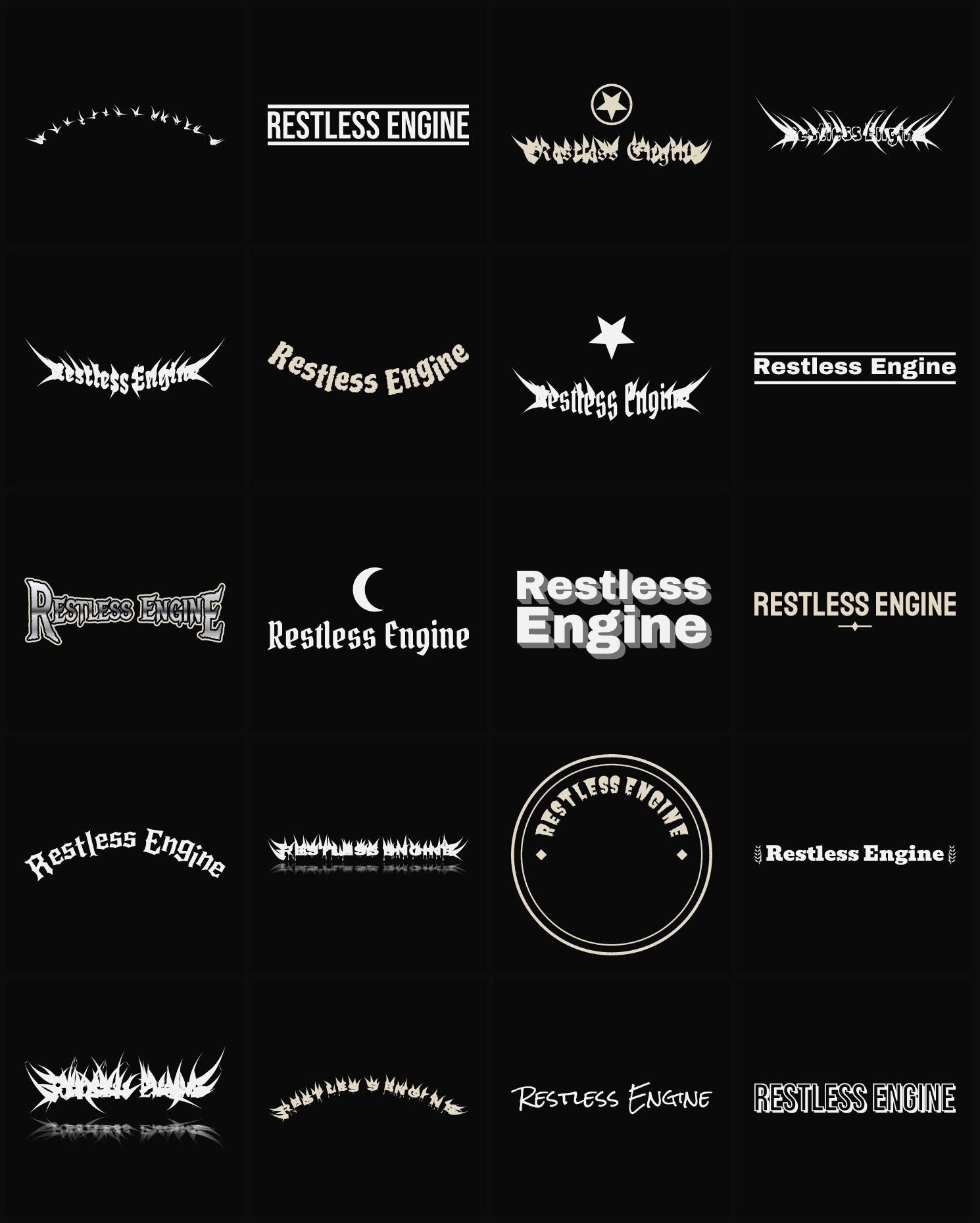 Twenty Restless Engine band logo ideas — different faces, treatments and spike settings